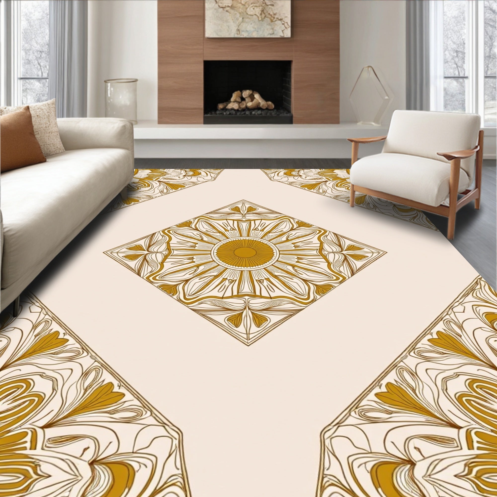 Golden Sunburst Mandala Pattern Rug