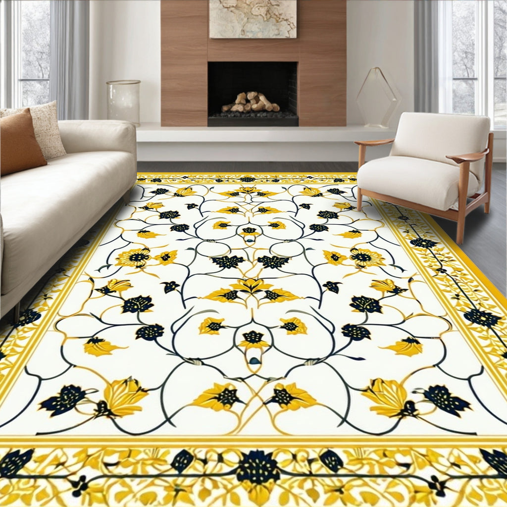 Yellow Navy Floral Vine Motif Rug