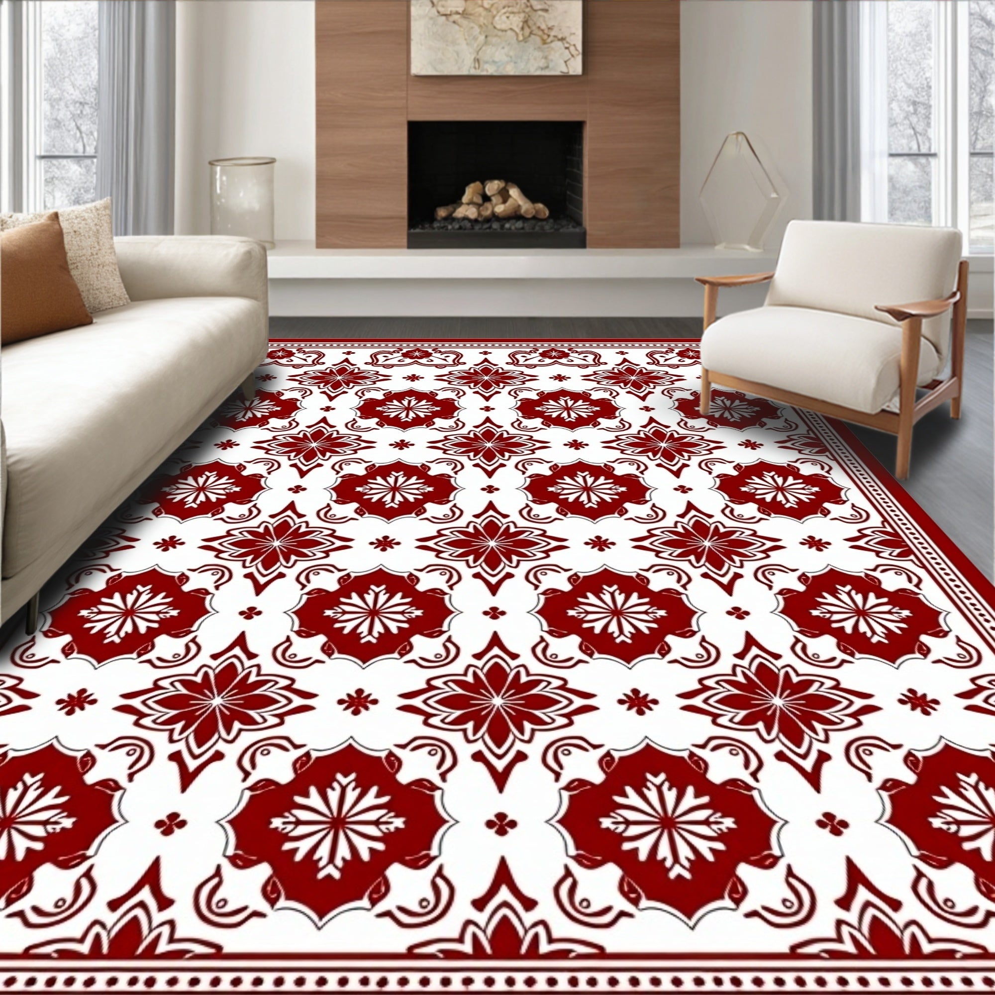 Deep Red Floral Damask Medallion Rug