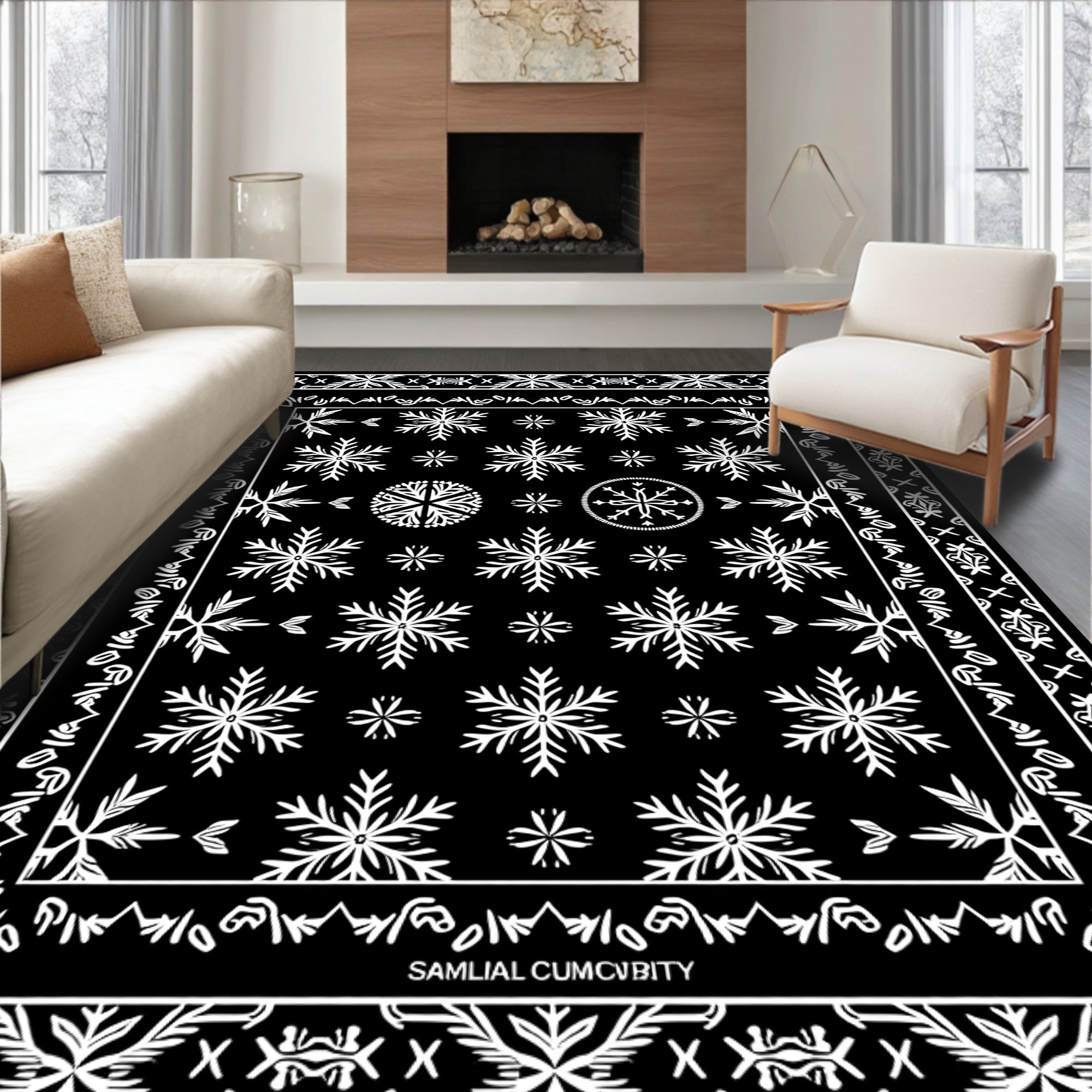 Black White Snowflake Garden Border Rug