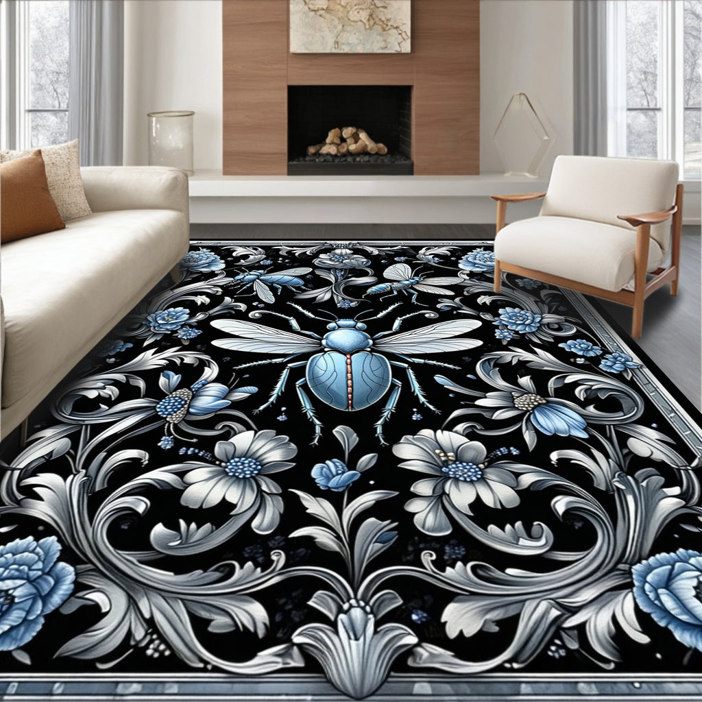 Elegant Blue Insect Floral Scrollwork Rug