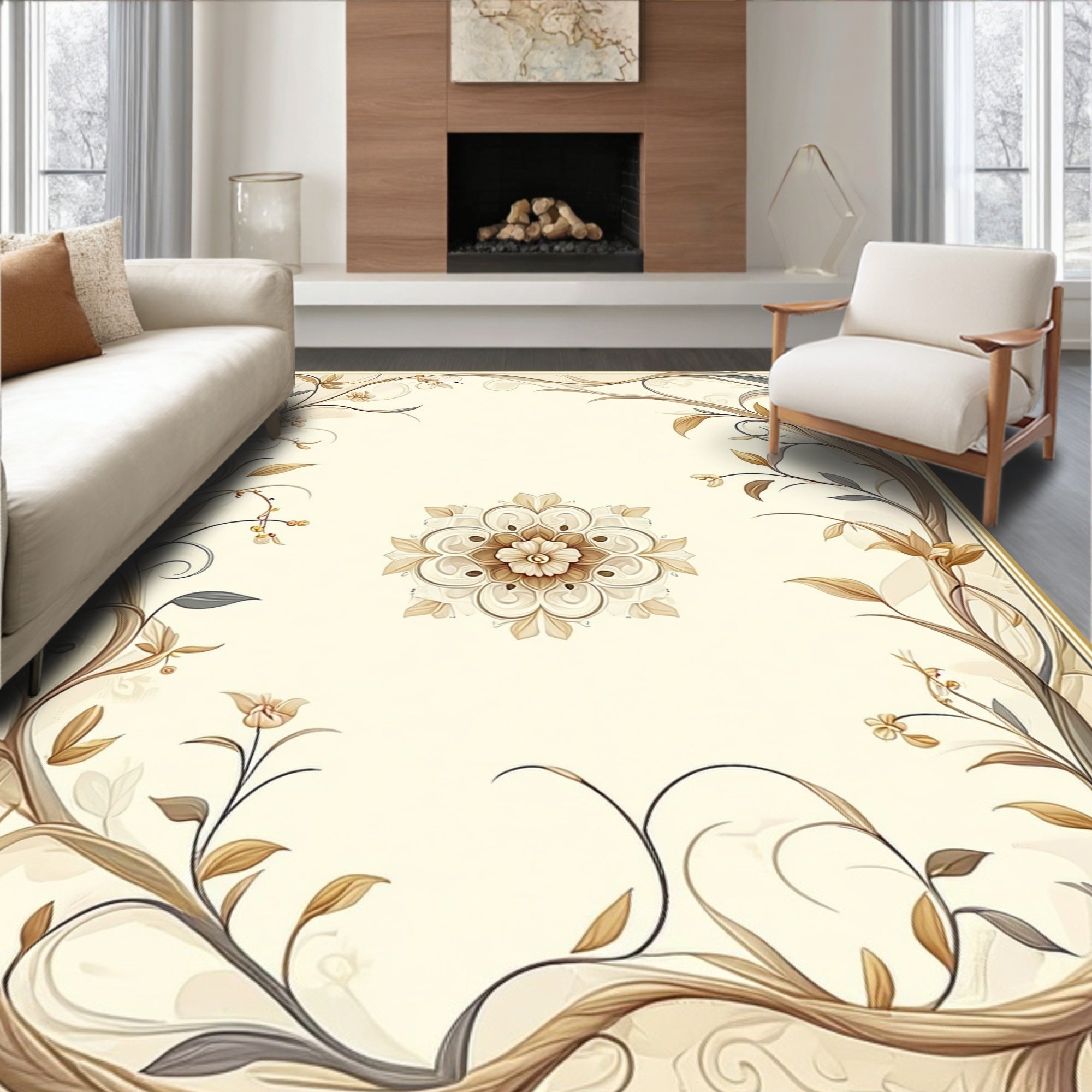 Floral Vine Mandala Neutral Tones Rug