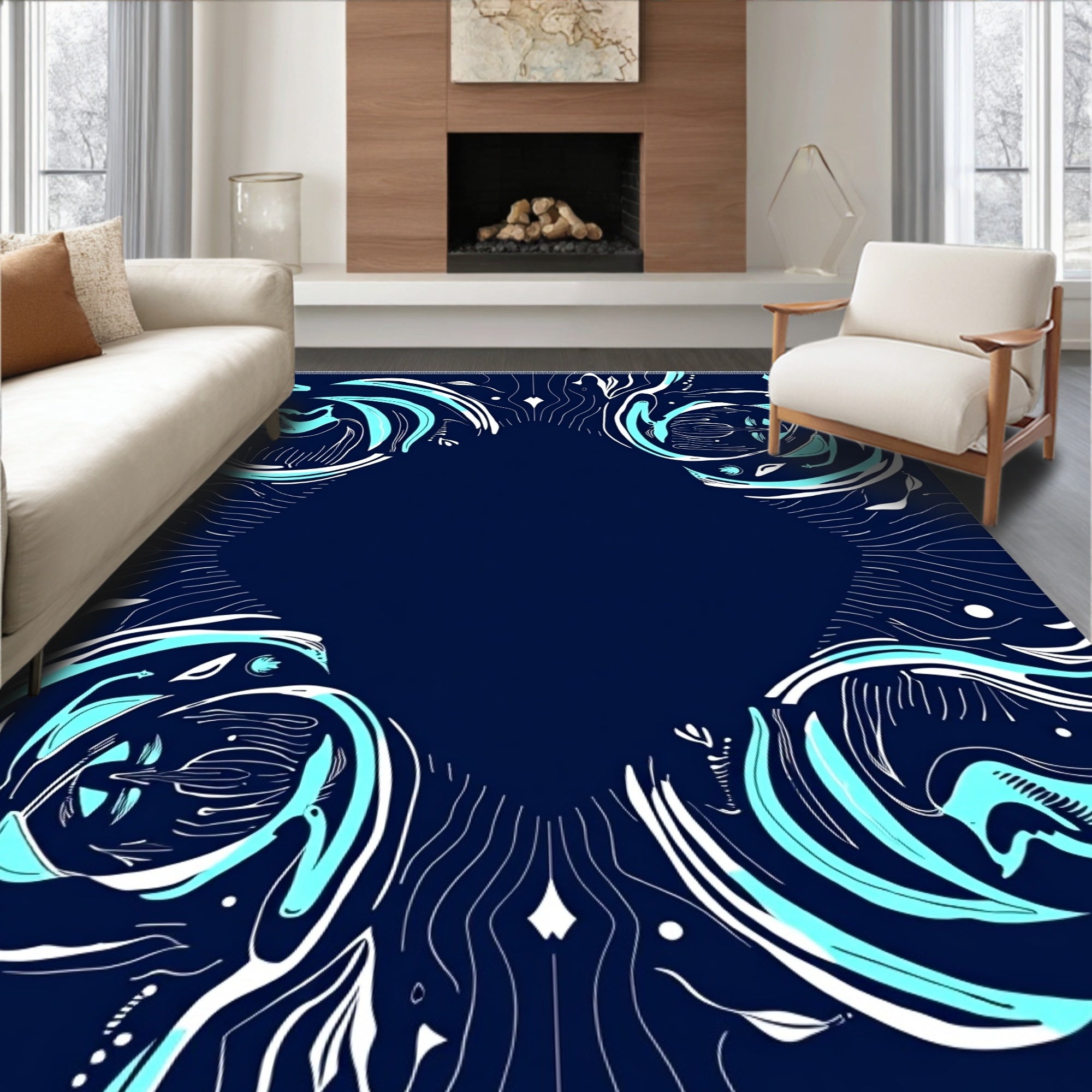 Deep Blue Aqua Swirl Bloom Rug