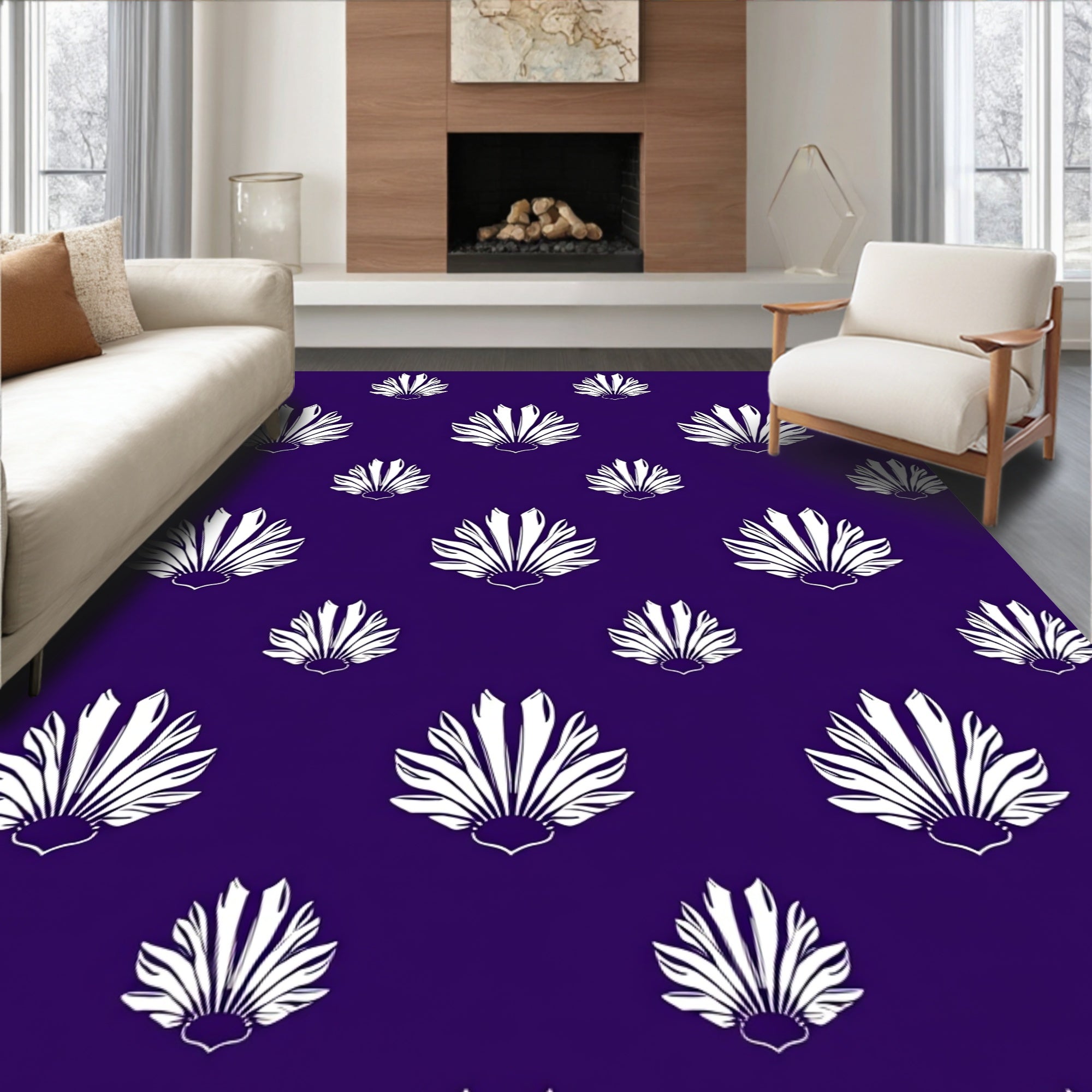 White Fan Pattern on Deep Purple Rug