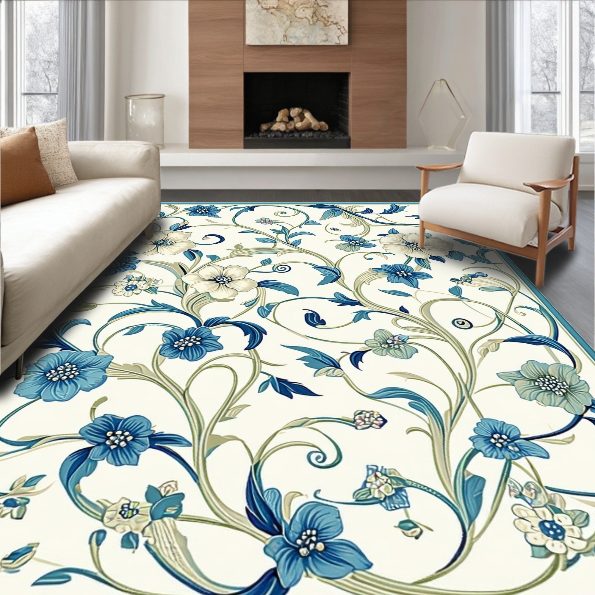 Blue Floral Vine Pattern Rug