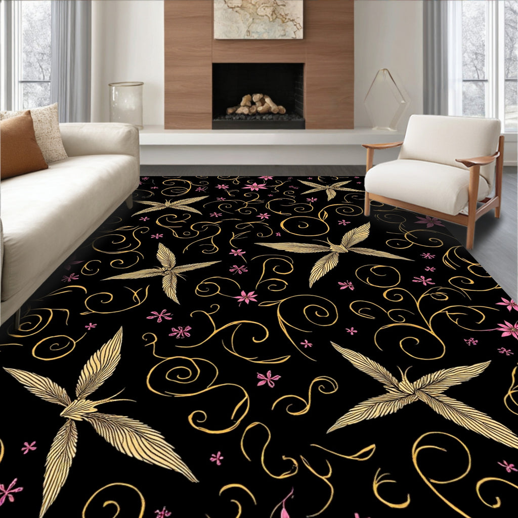 Whimsical Golden Swirls Pink Flowers Rug