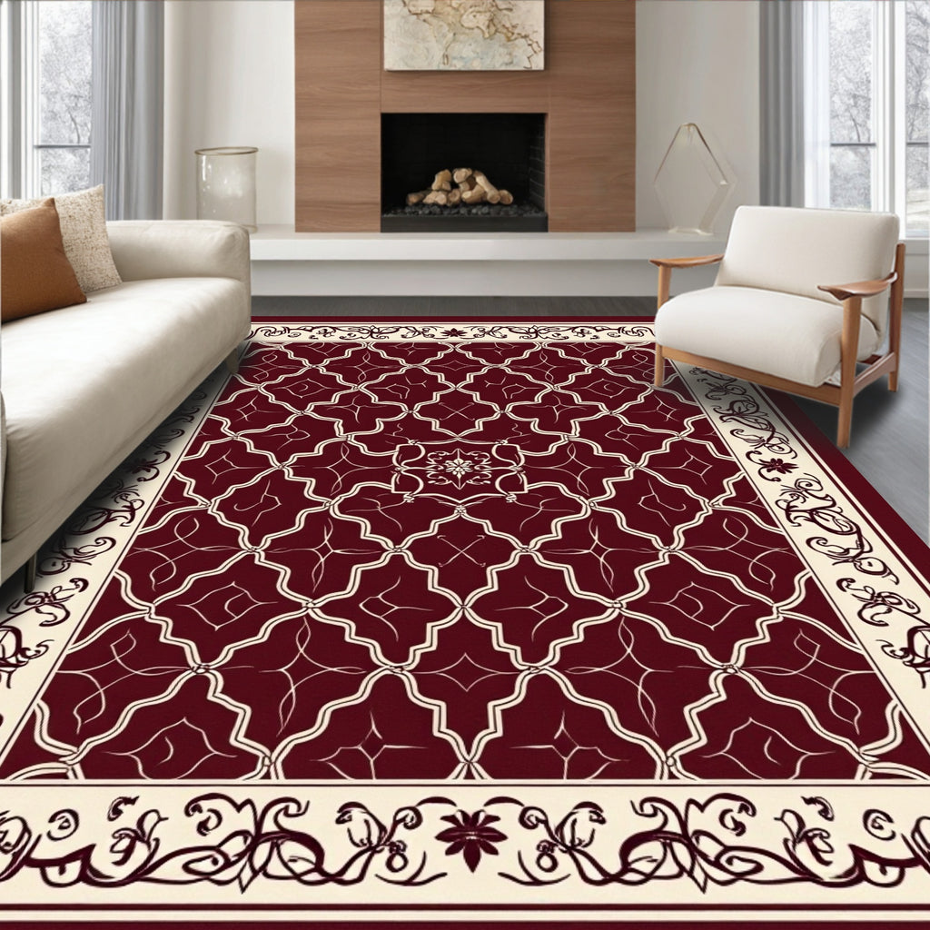Rich Red Cream Geometric Floral Rug