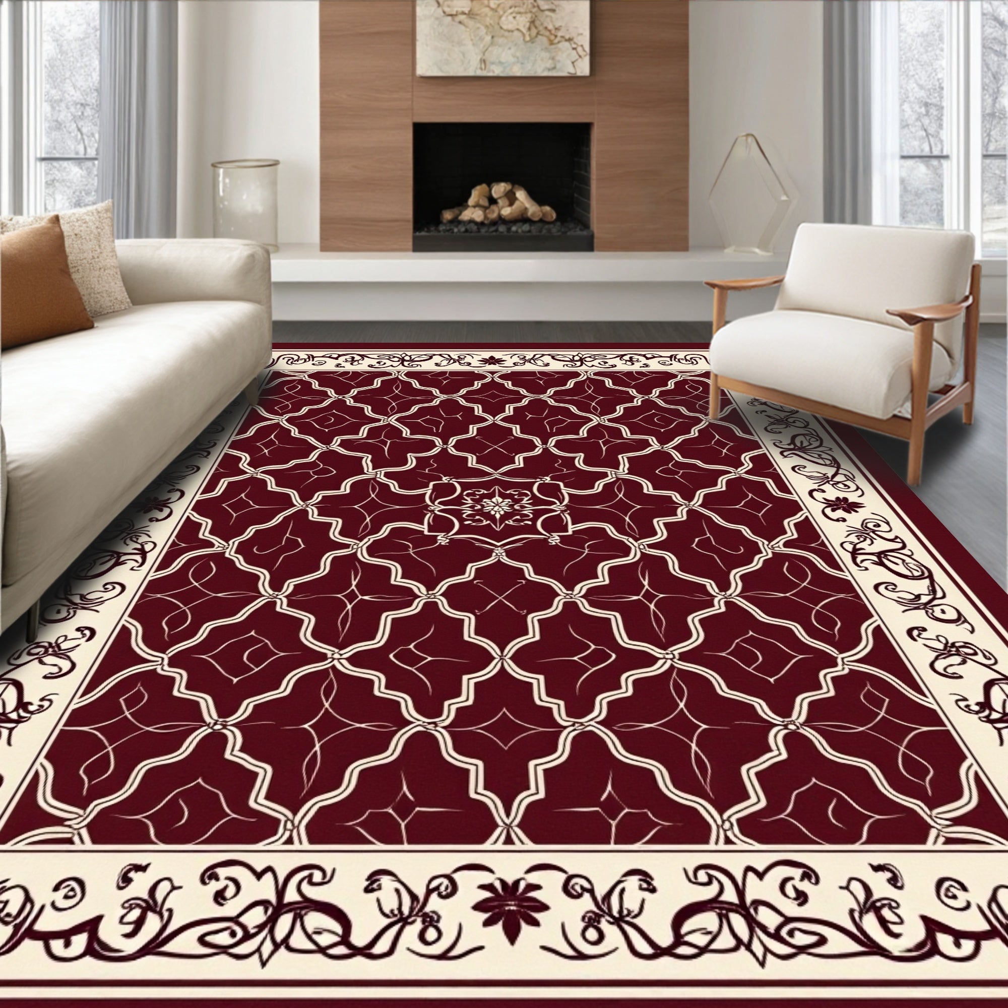 Rich Red Cream Geometric Floral Rug
