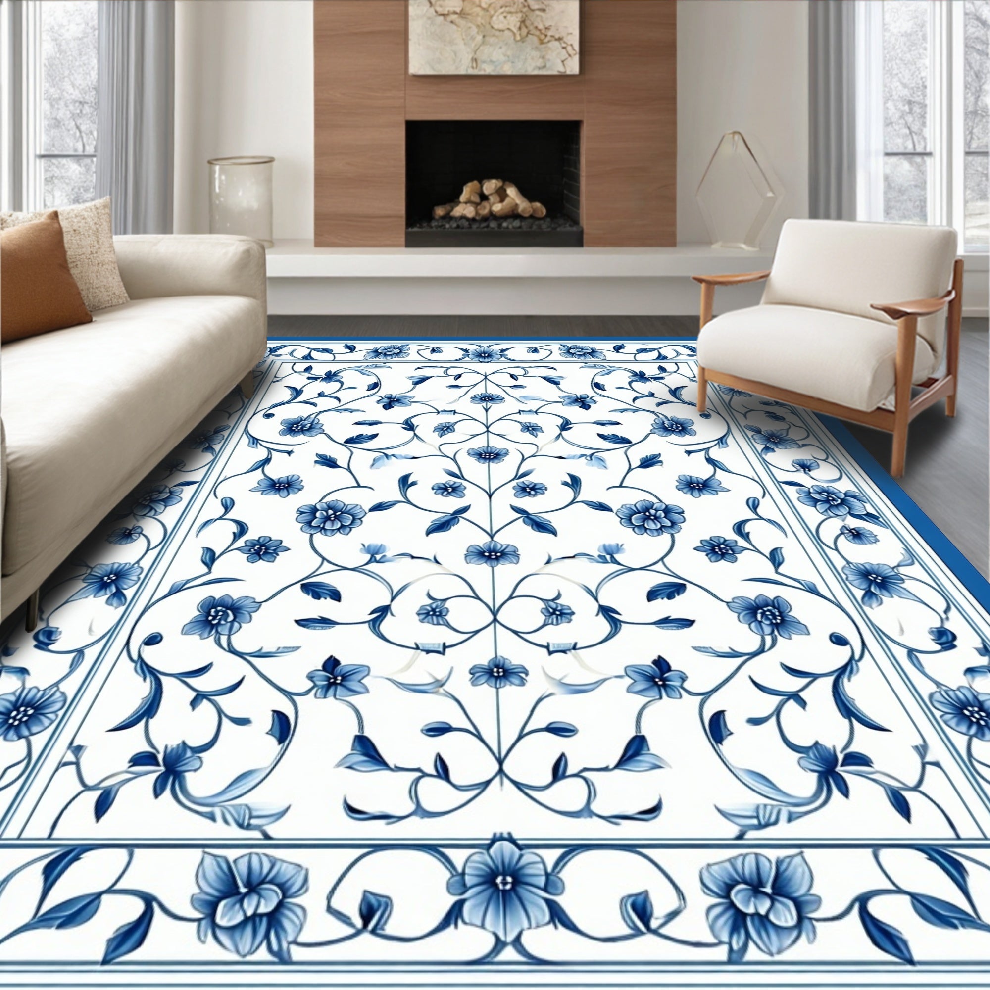 Blue Floral Vine Patterned Rug