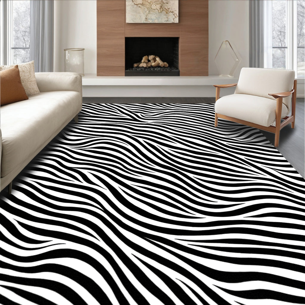 Black White Wavy Stripe Pattern Rug