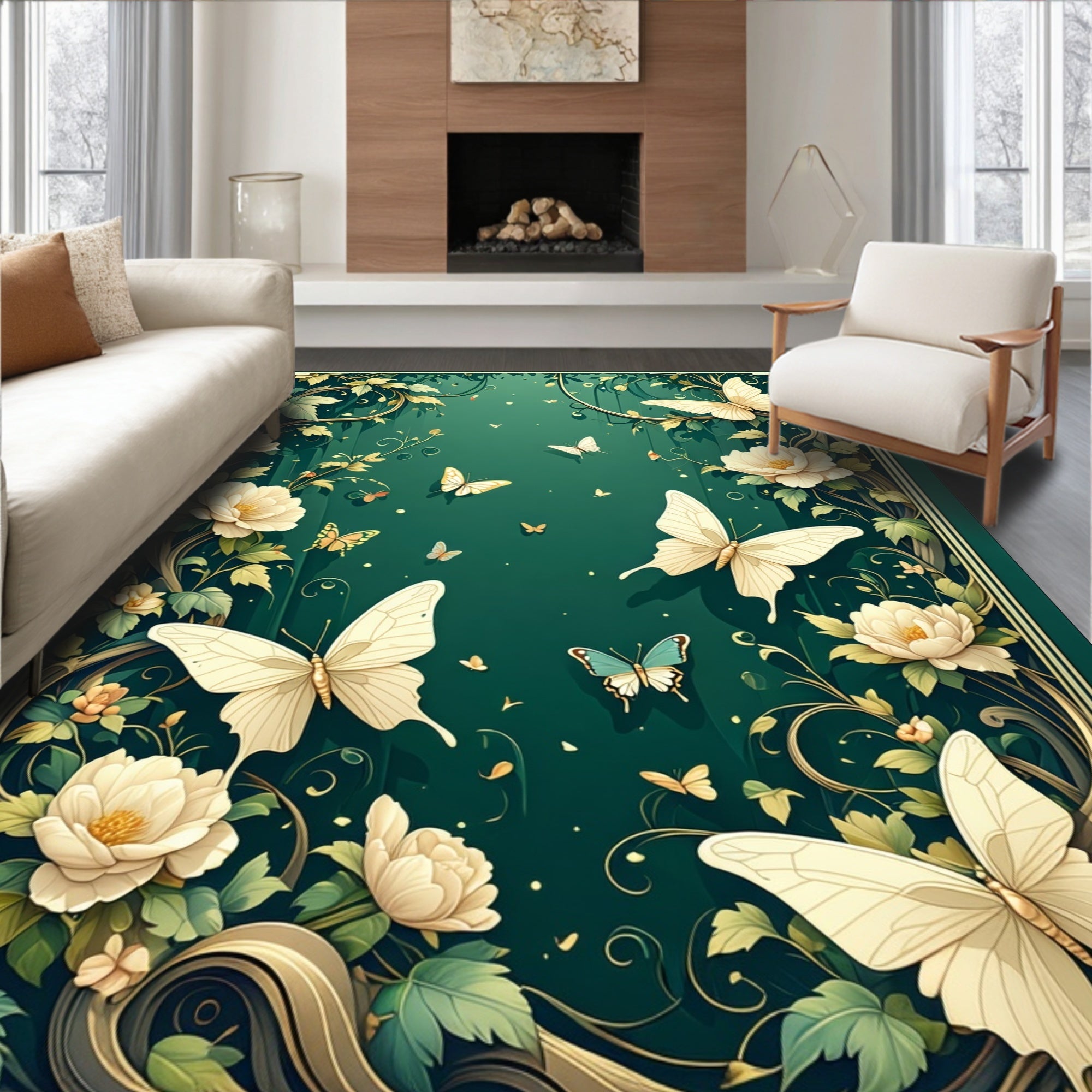 Enchanted Garden Butterfly Floral Design Rug