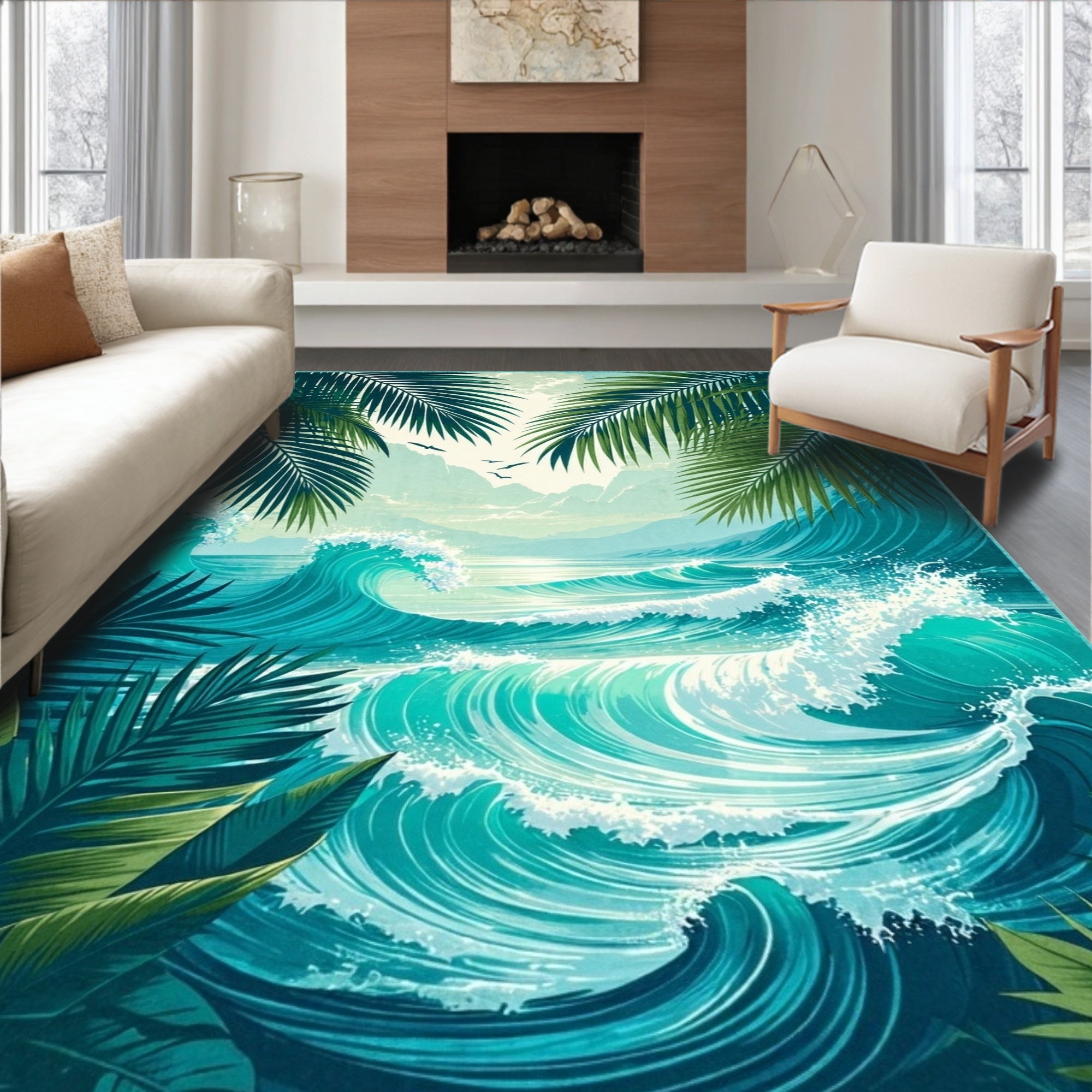 Tropical Ocean Wave Beach Scene Rug