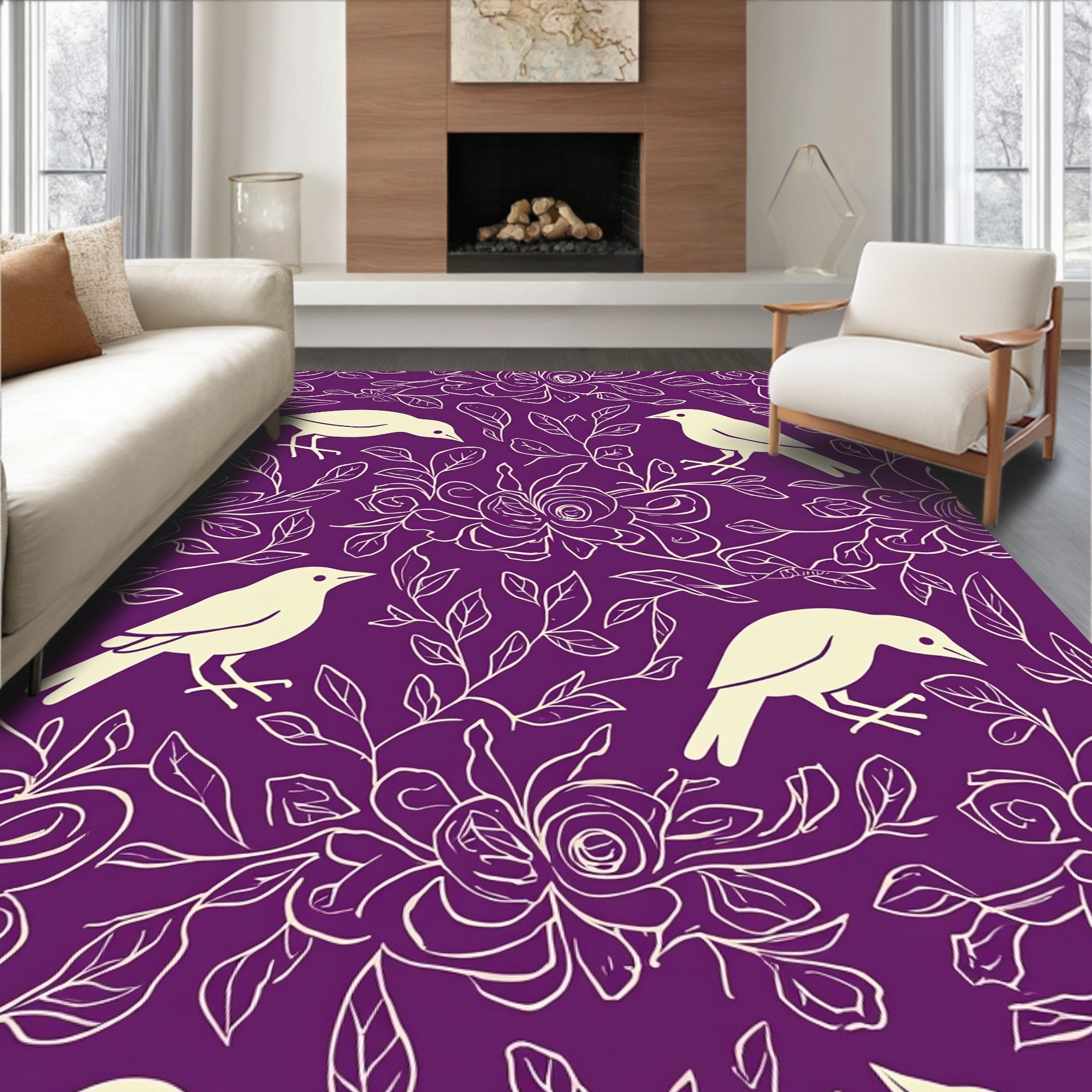 Whimsical Bird Garden Outline Design Rug