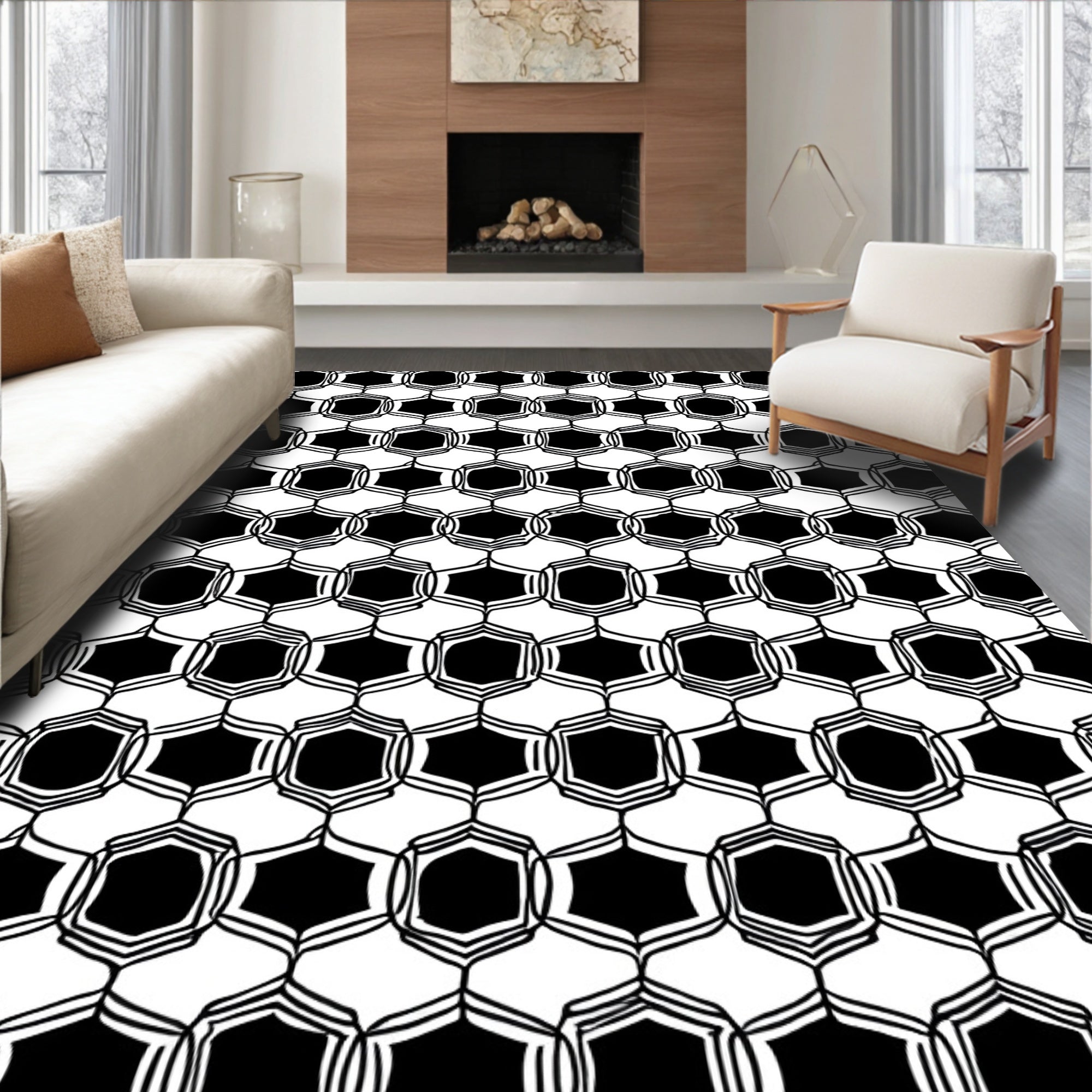 Black And White Hexagonal Chain Pattern Rug