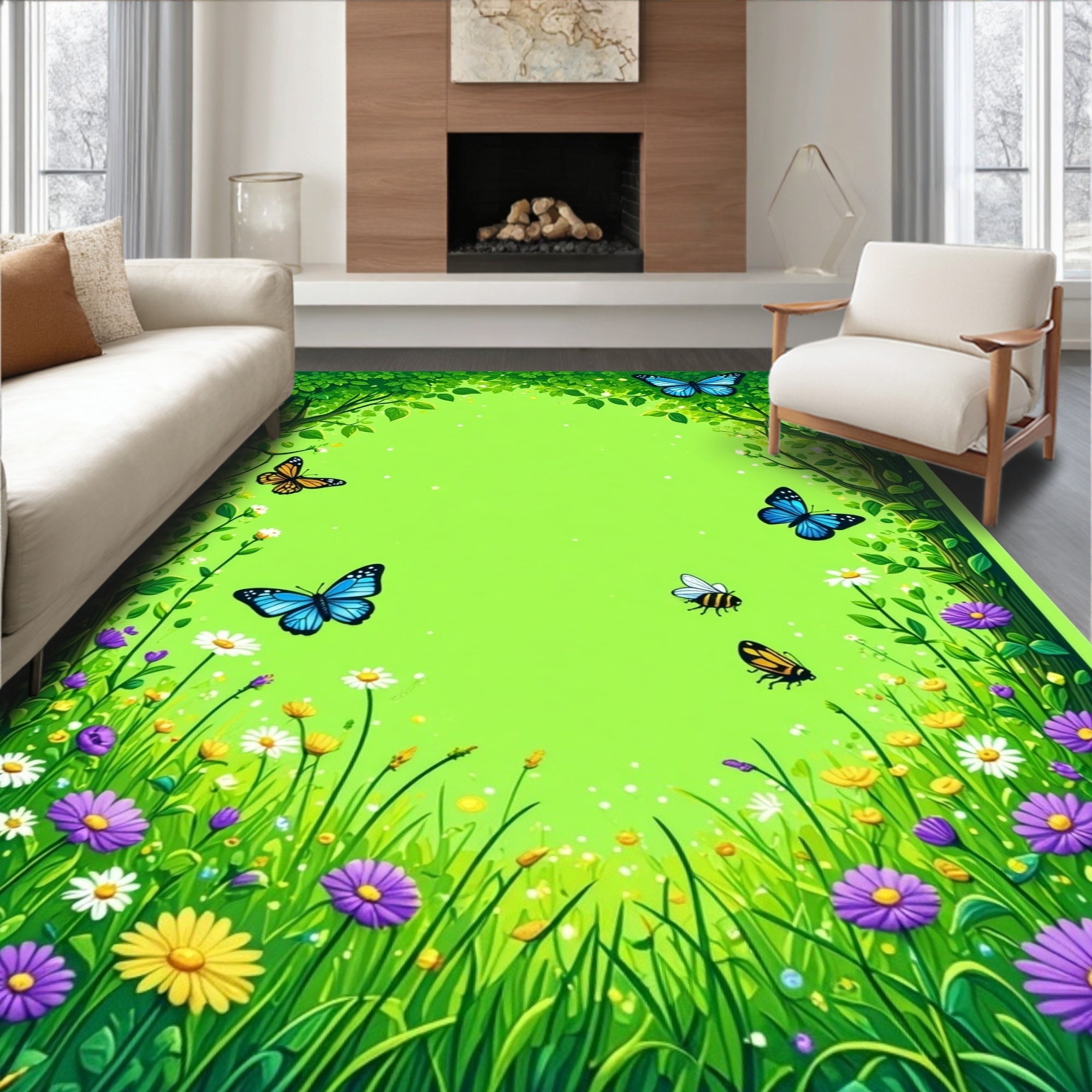 Whimsical Butterfly and Flower Garden Rug