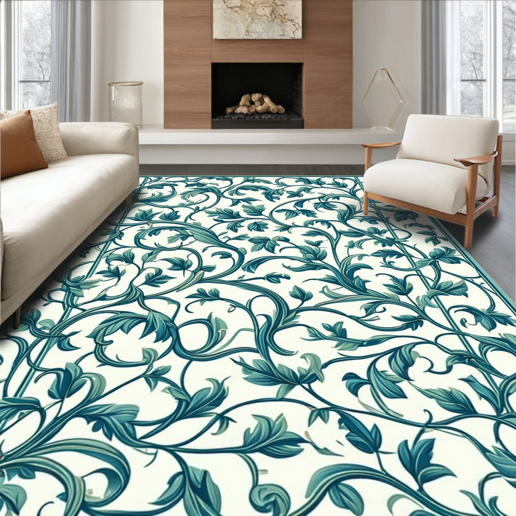 Teal Vine Floral Pattern Rug