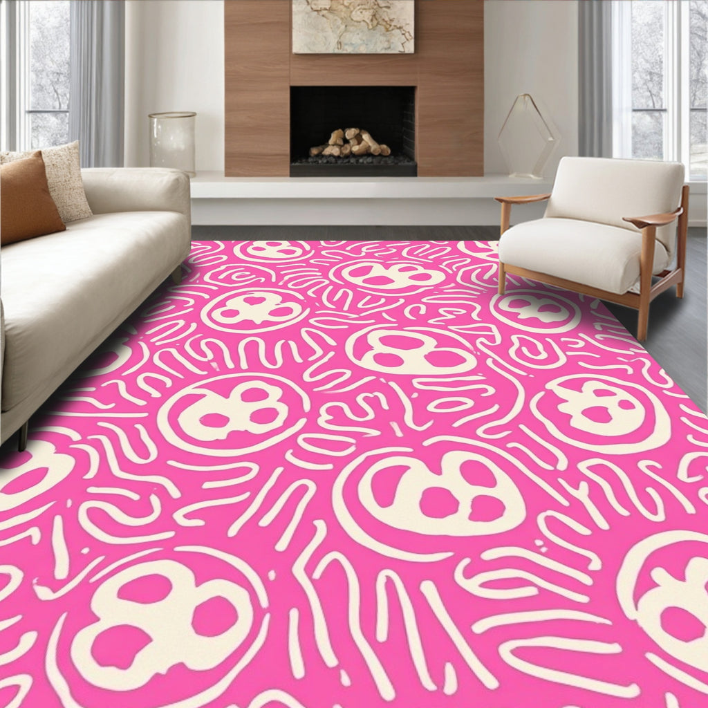 Vibrant Pink And Cream Scribble Circles Rug