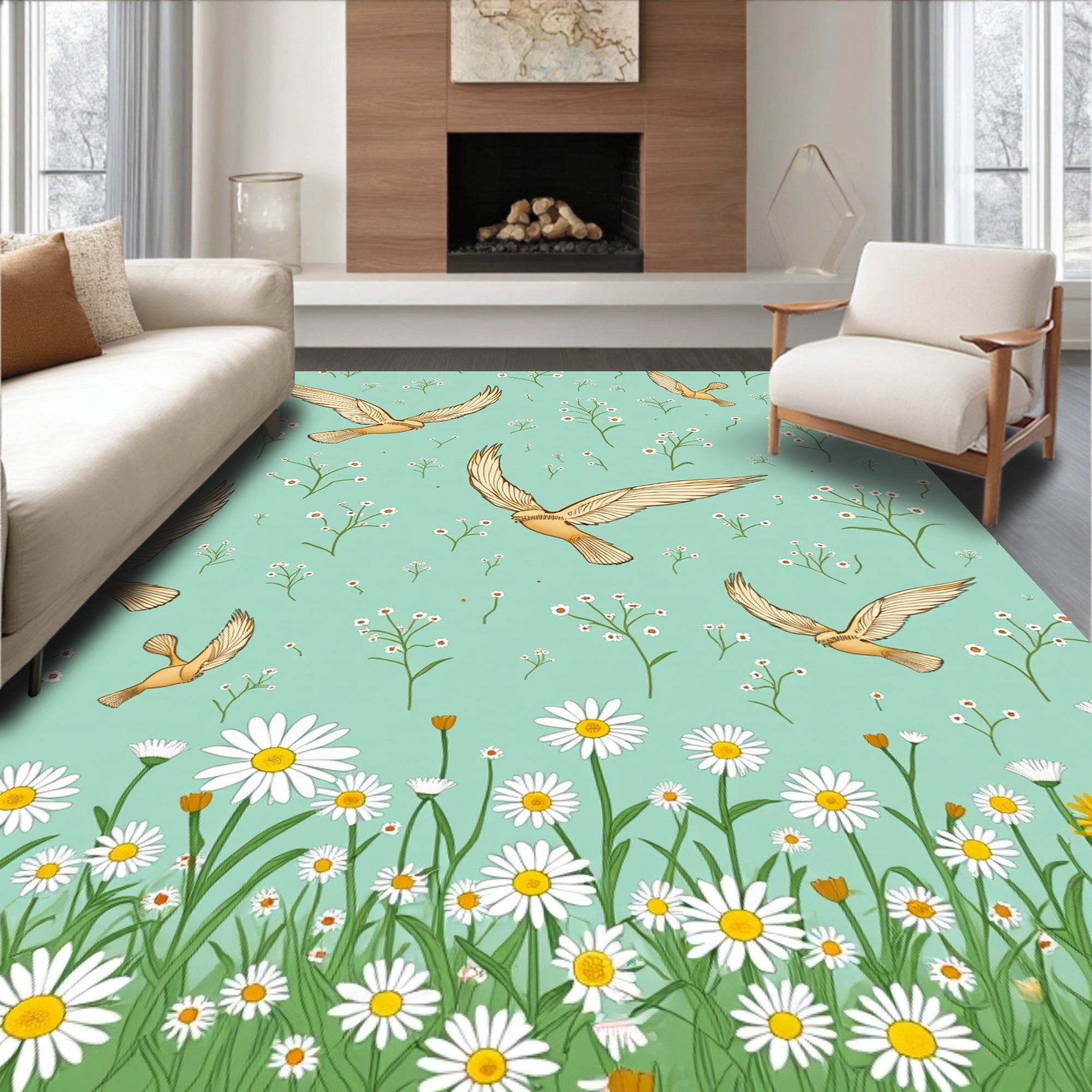 Birds and Meadow Floral Pattern Rug