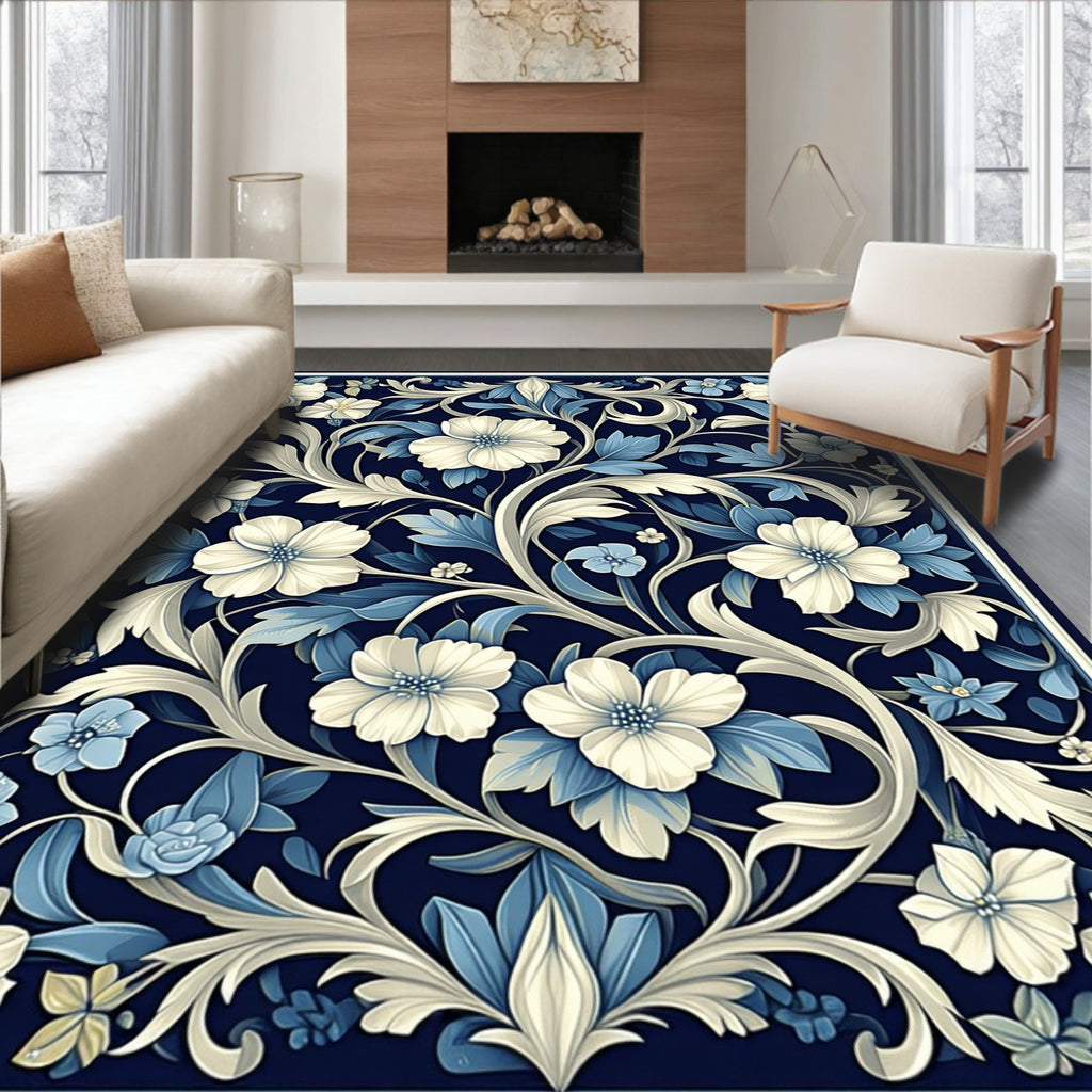 Navy Blue Floral Pattern Rug