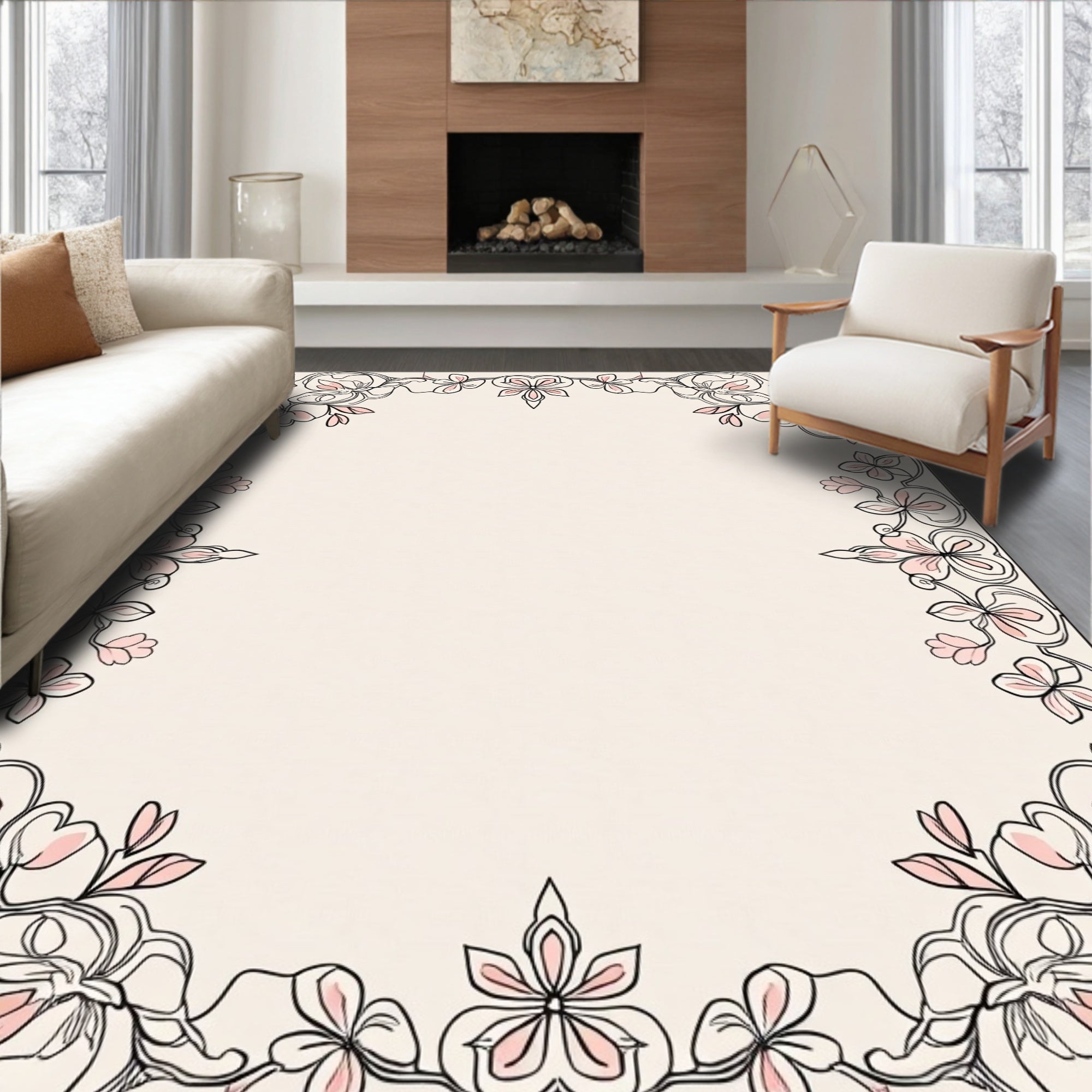 Delicate Floral Outline With Blossoms Rug