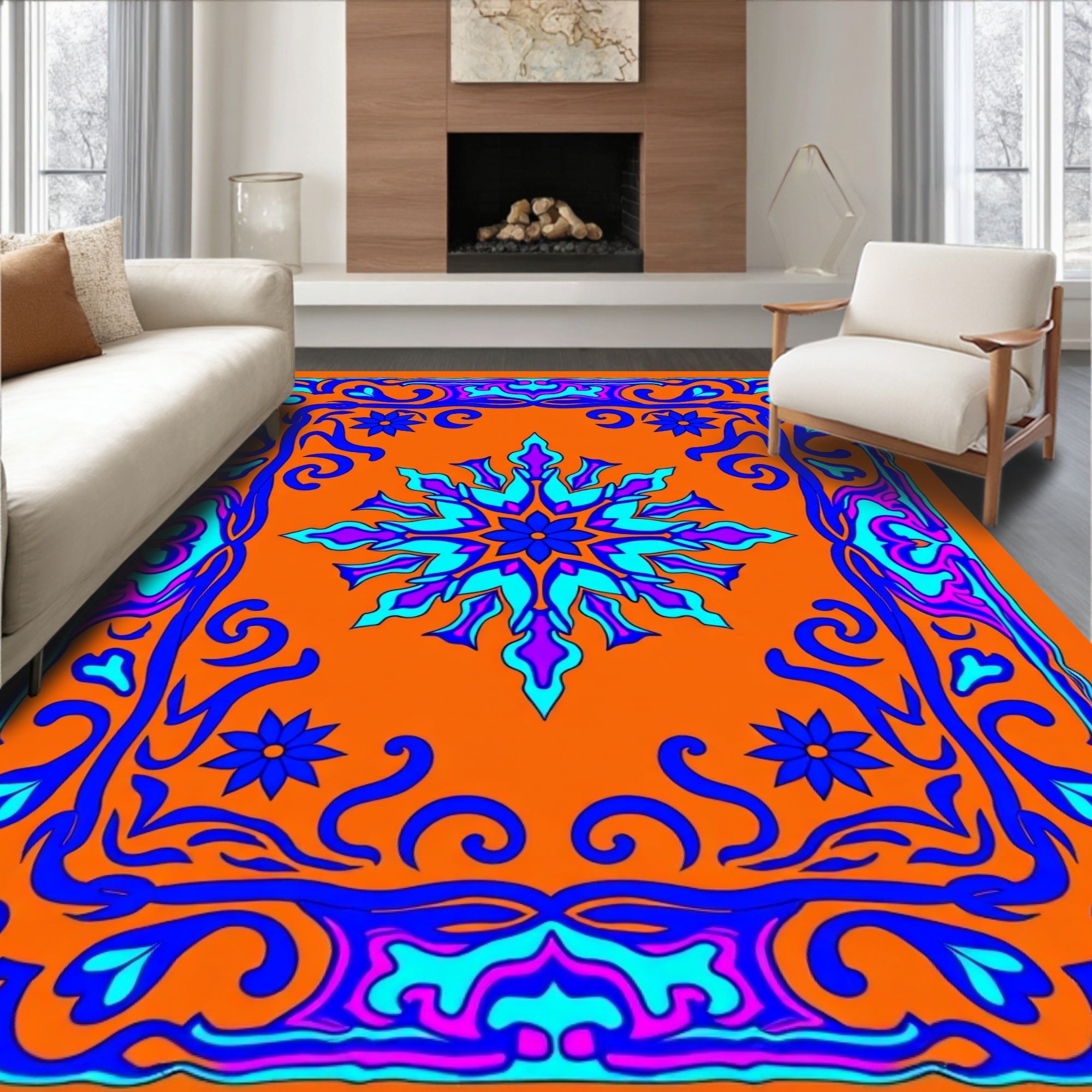 Vibrant Floral Mandala Border Pattern Rug
