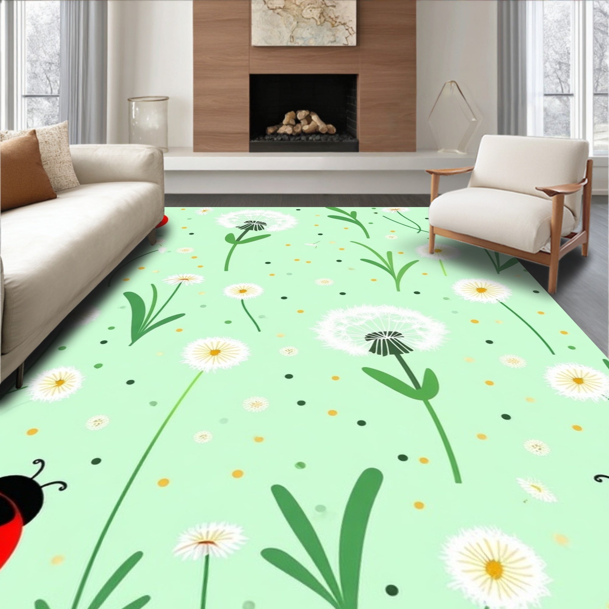 Whimsical Black Ladybugs Dandelion Pattern Rug