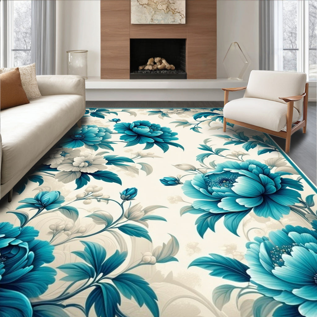 Turquoise Floral Branch Pattern Rug