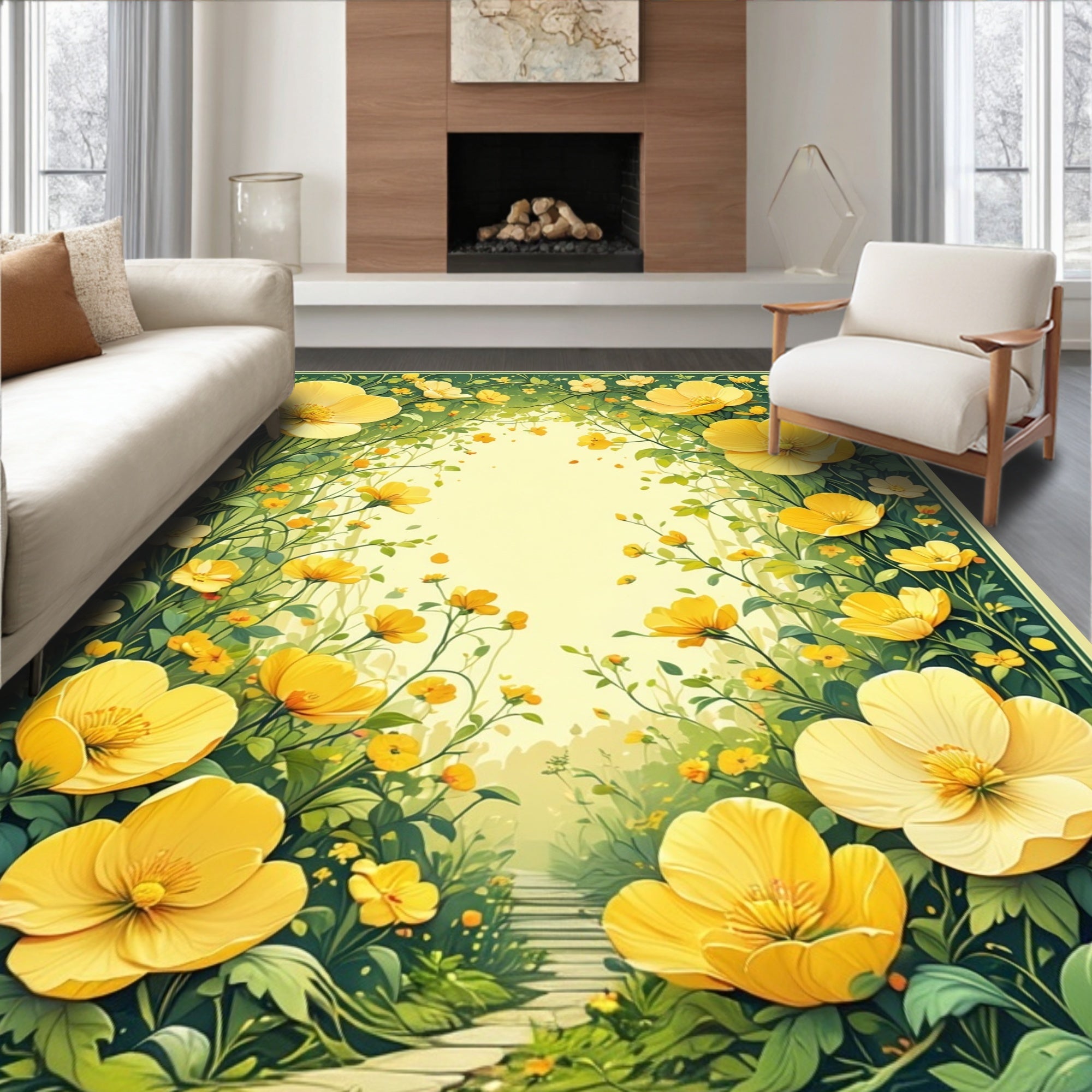 Yellow Garden Floral Whimsical Rug