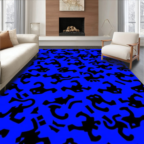 Abstract Black Figures Blue Pattern Rug