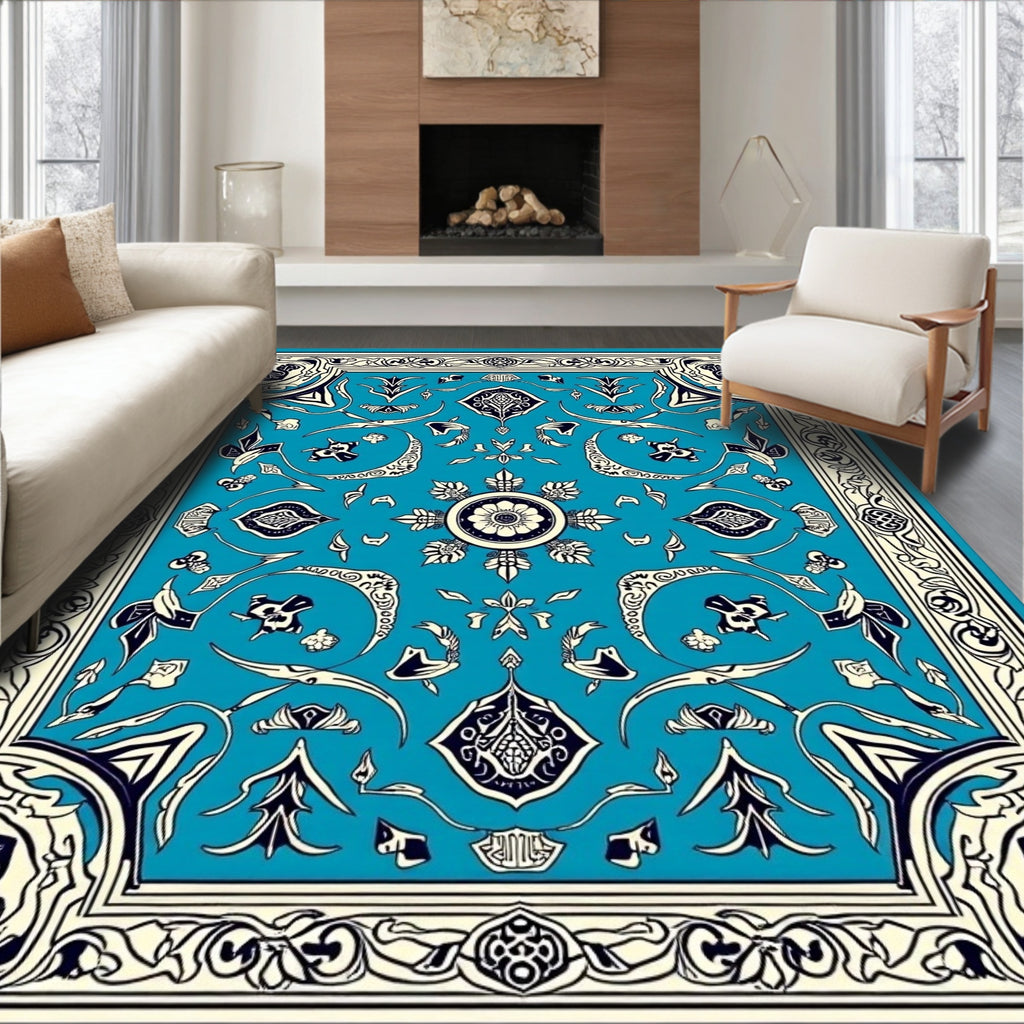 Ornate Blue Floral Arabesque Area Rug