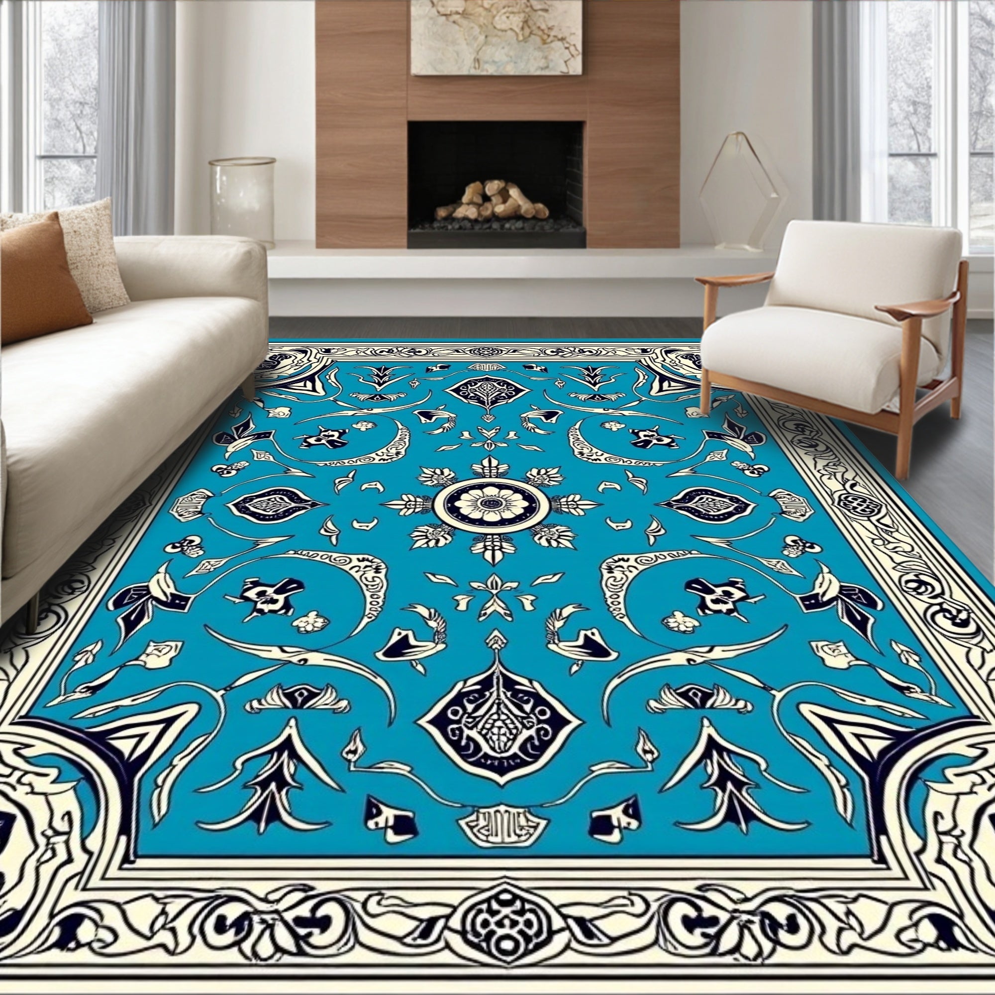 Ornate Blue Floral Arabesque Area Rug