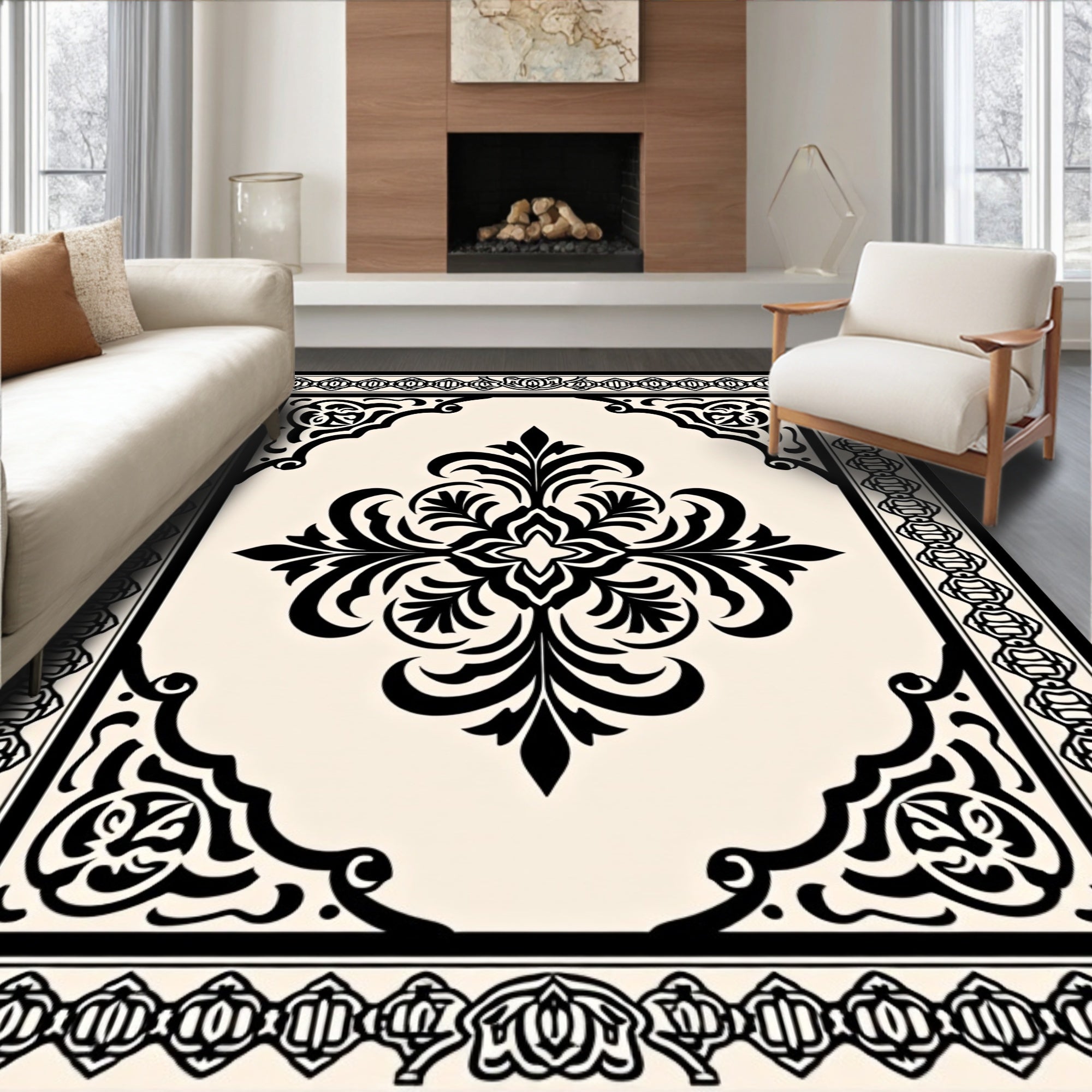 Black Floral Medallion Ornamental Rug