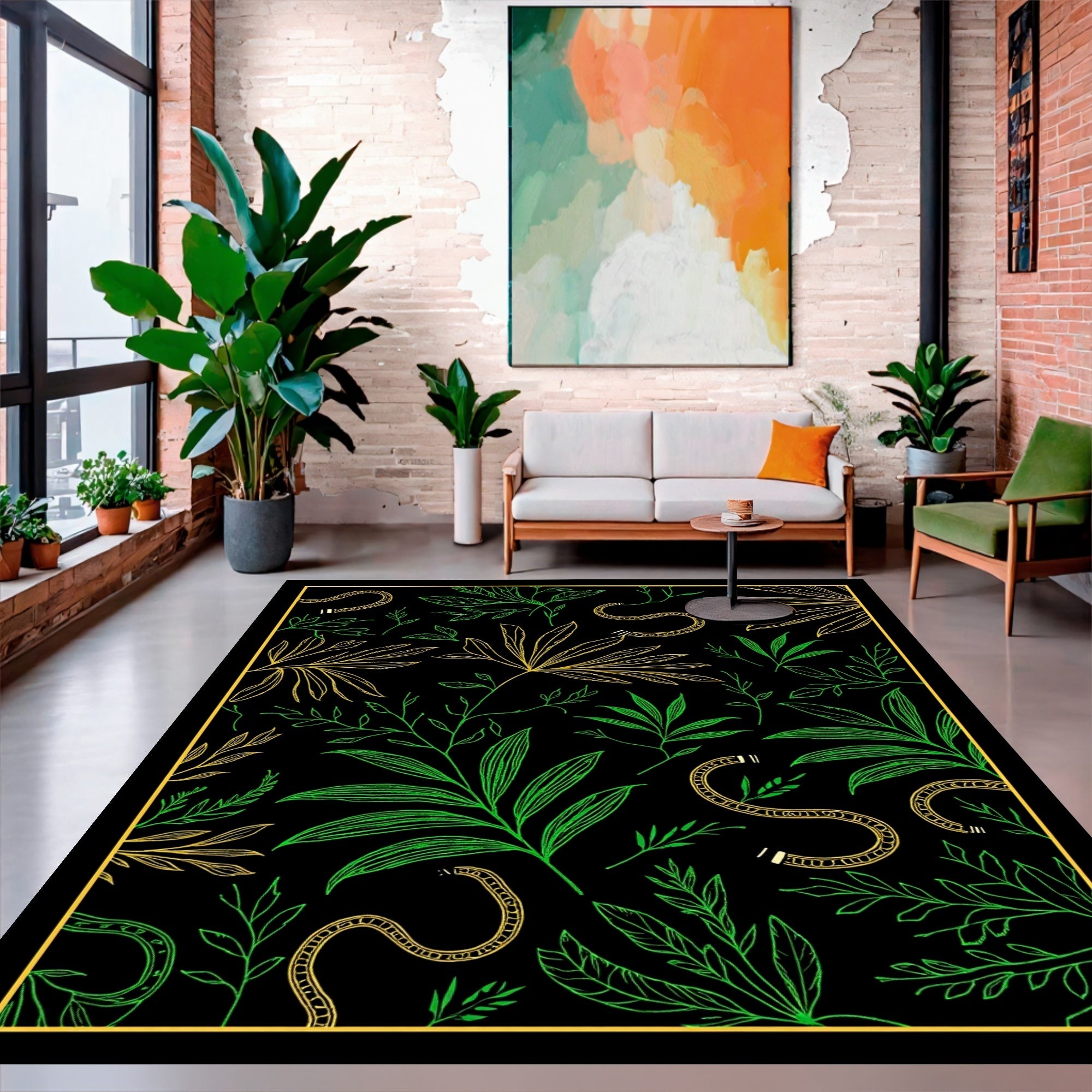 Lush Green Gold Vine Pattern Rug