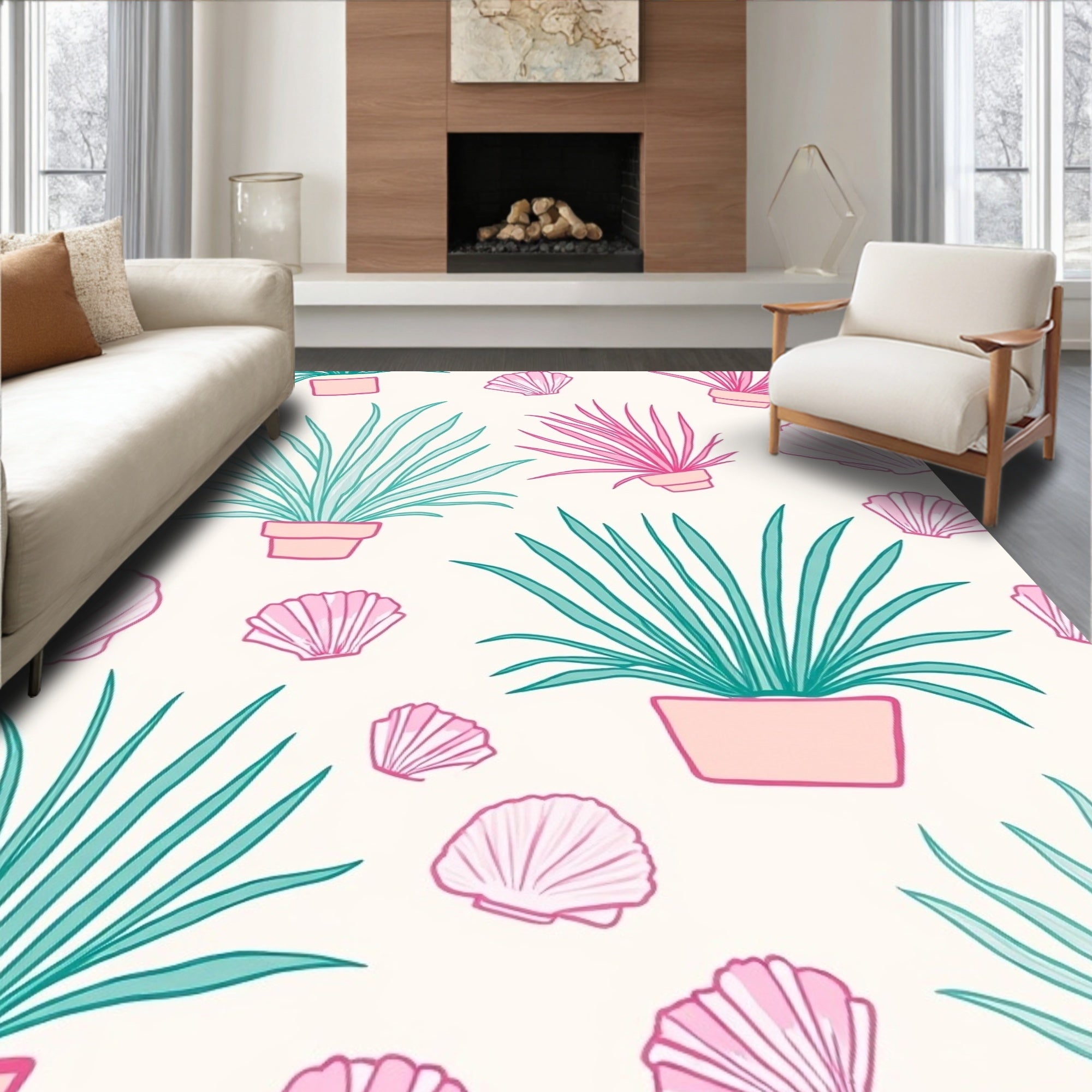 Coastal Plant and Shell Pattern Rug