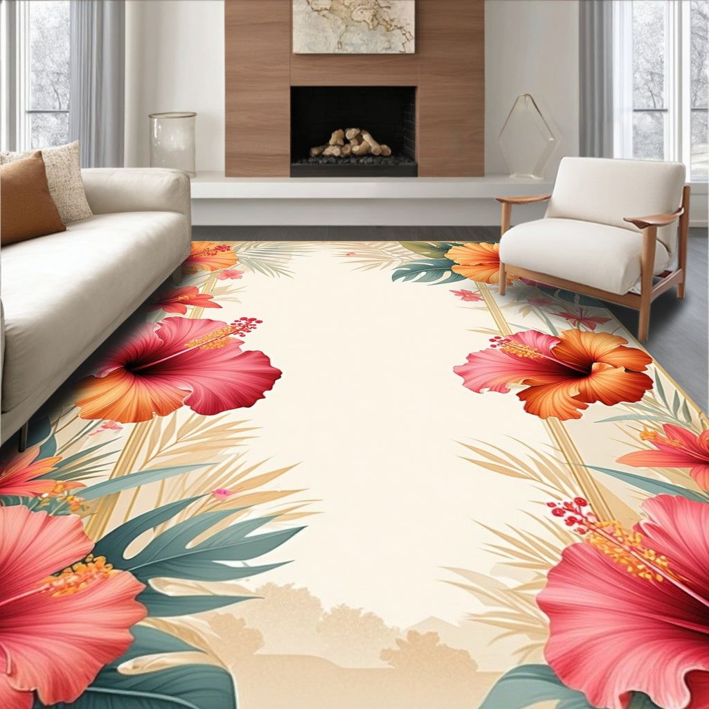 Tropical Hibiscus Floral Border Design Rug