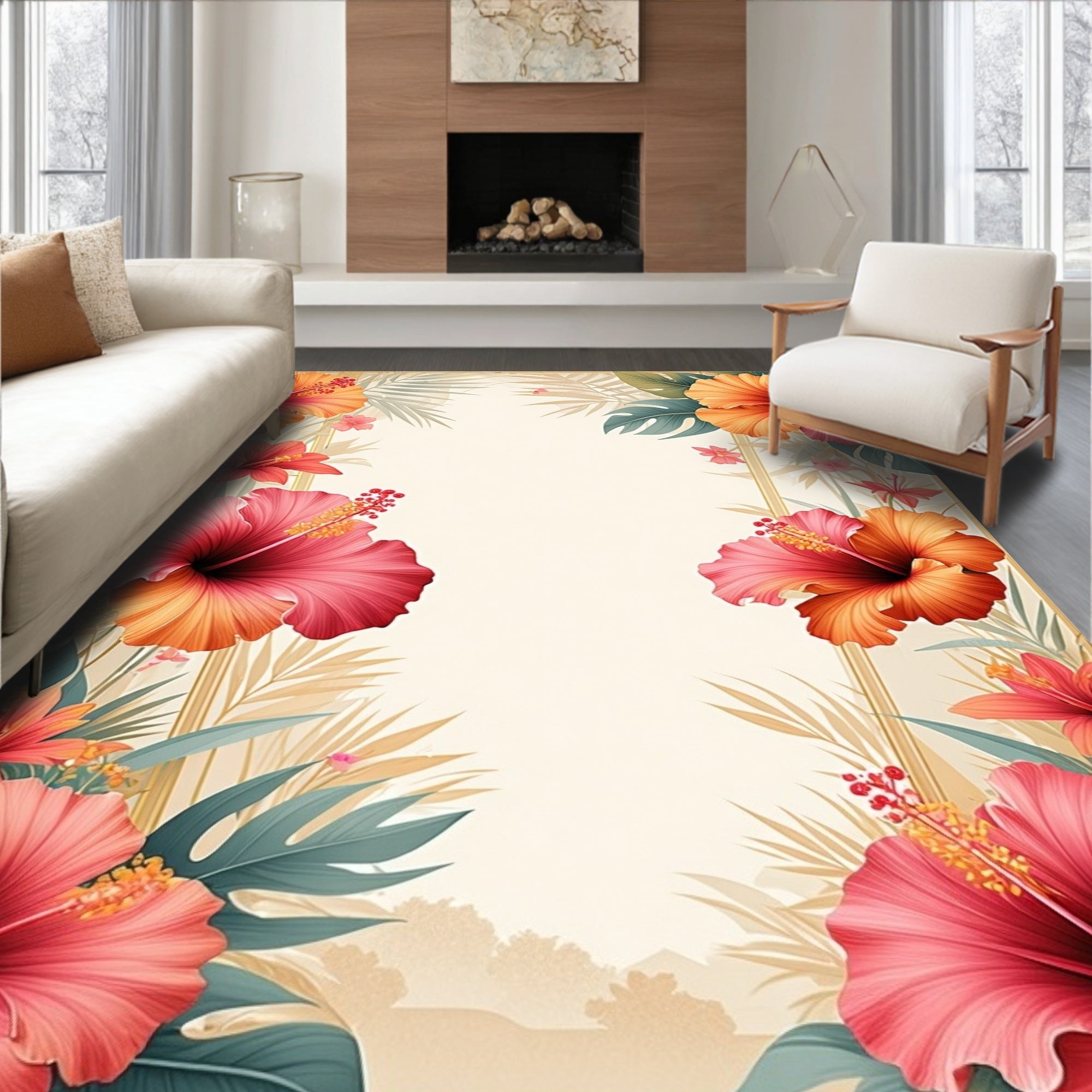 Tropical Hibiscus Floral Border Design Rug