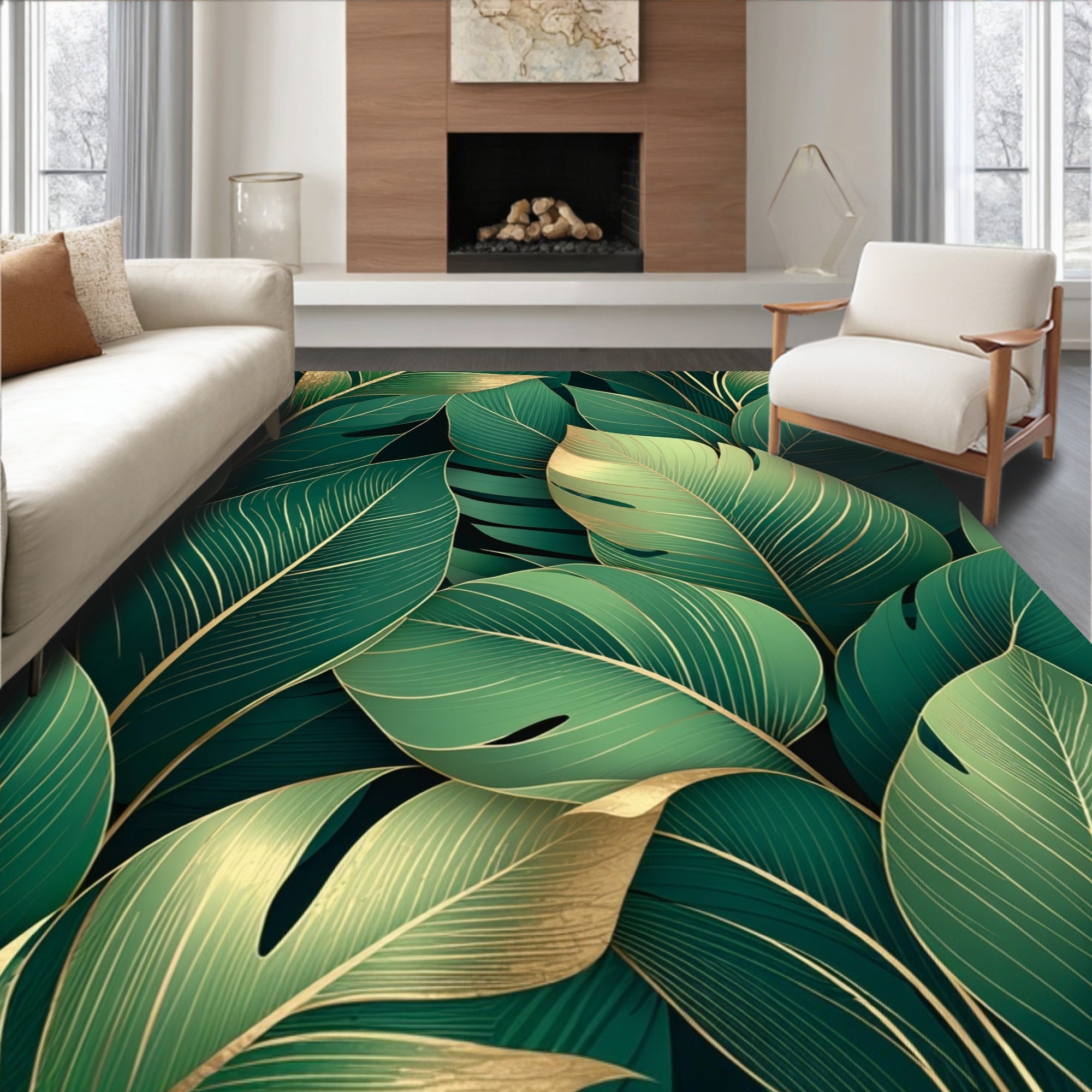 Lush Tropical Leaf Gold Outline Design Rug