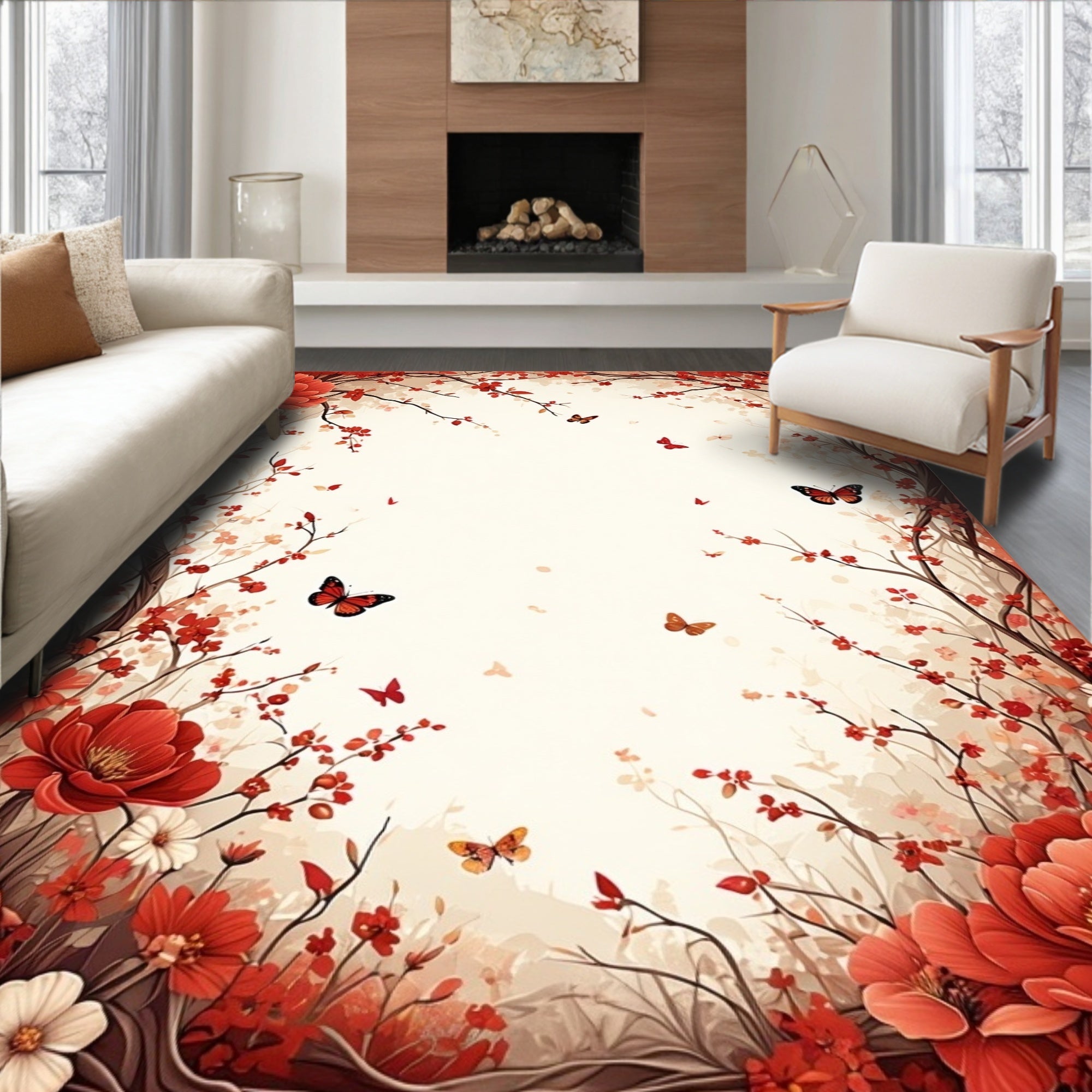 Red Floral Branches Butterflies Rug