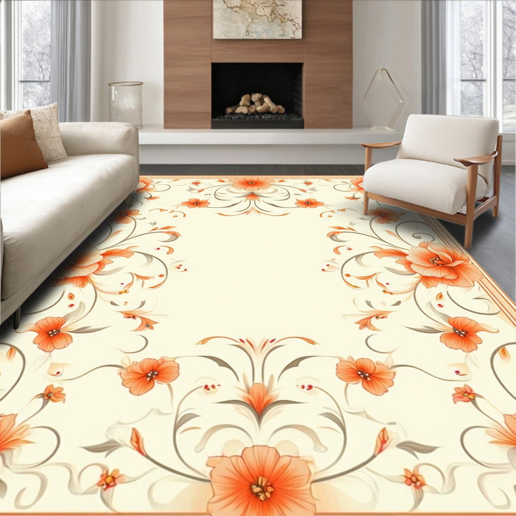 Elegant Orange Floral Border Pattern Rug