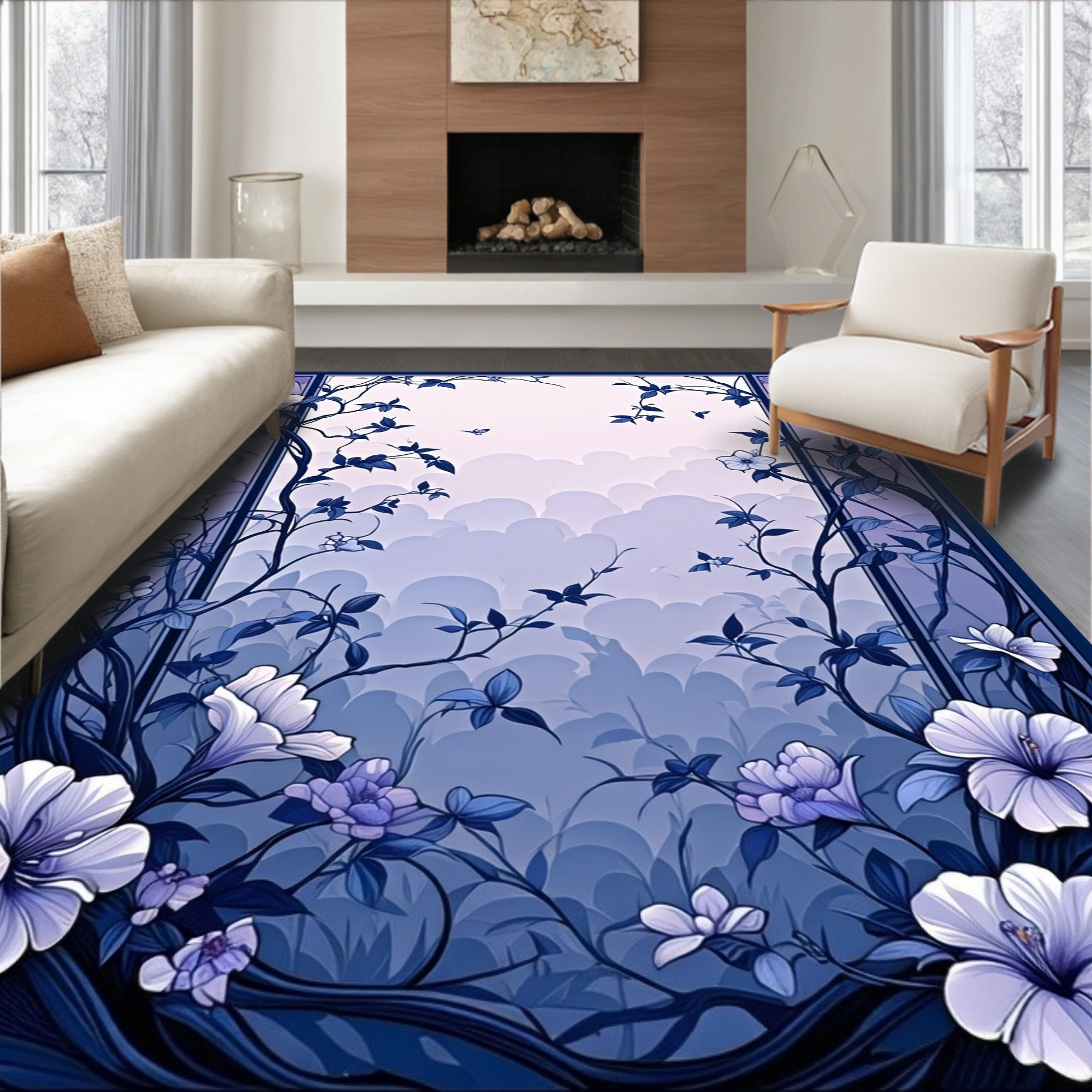 Floral Whimsy Cloud Blue Pattern Design Rug