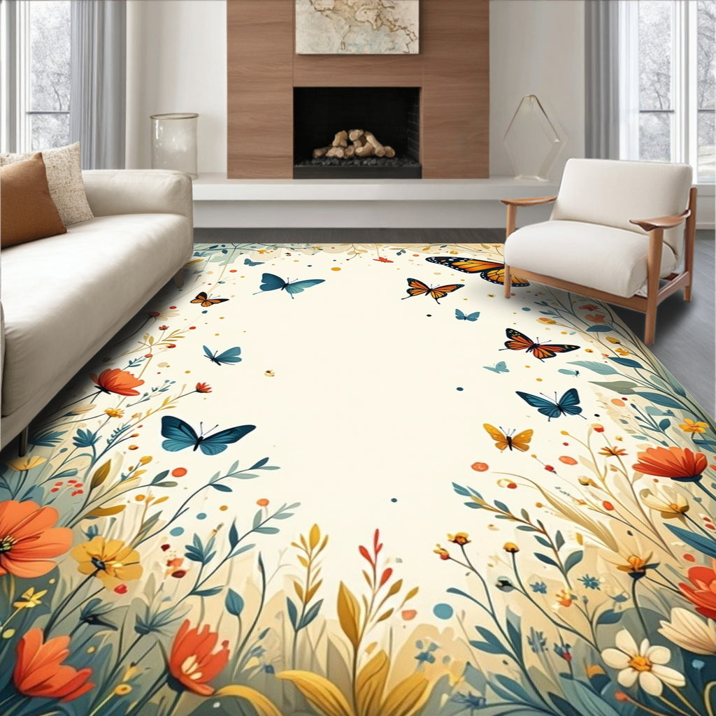 Vibrant Butterfly Floral Meadow Design Rug