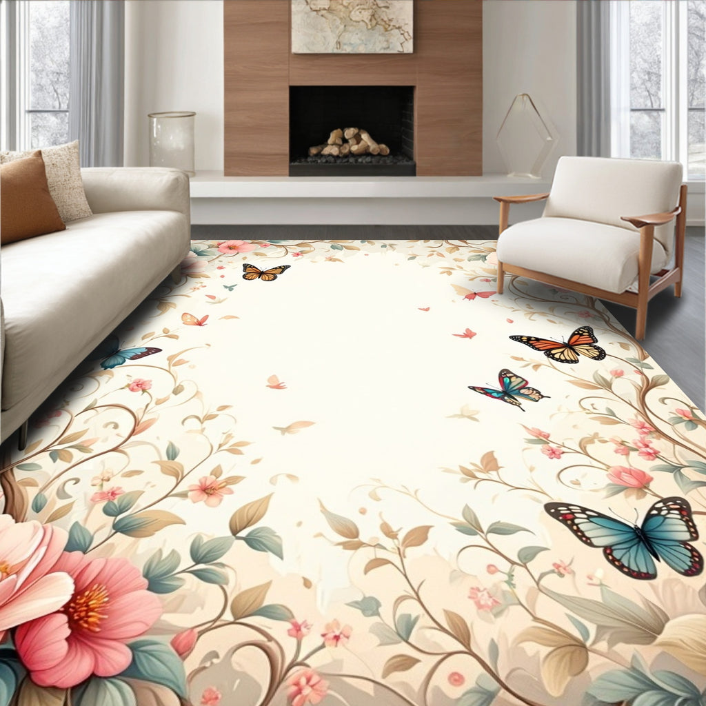 Delicate Floral Butterfly Garden Pattern Rug