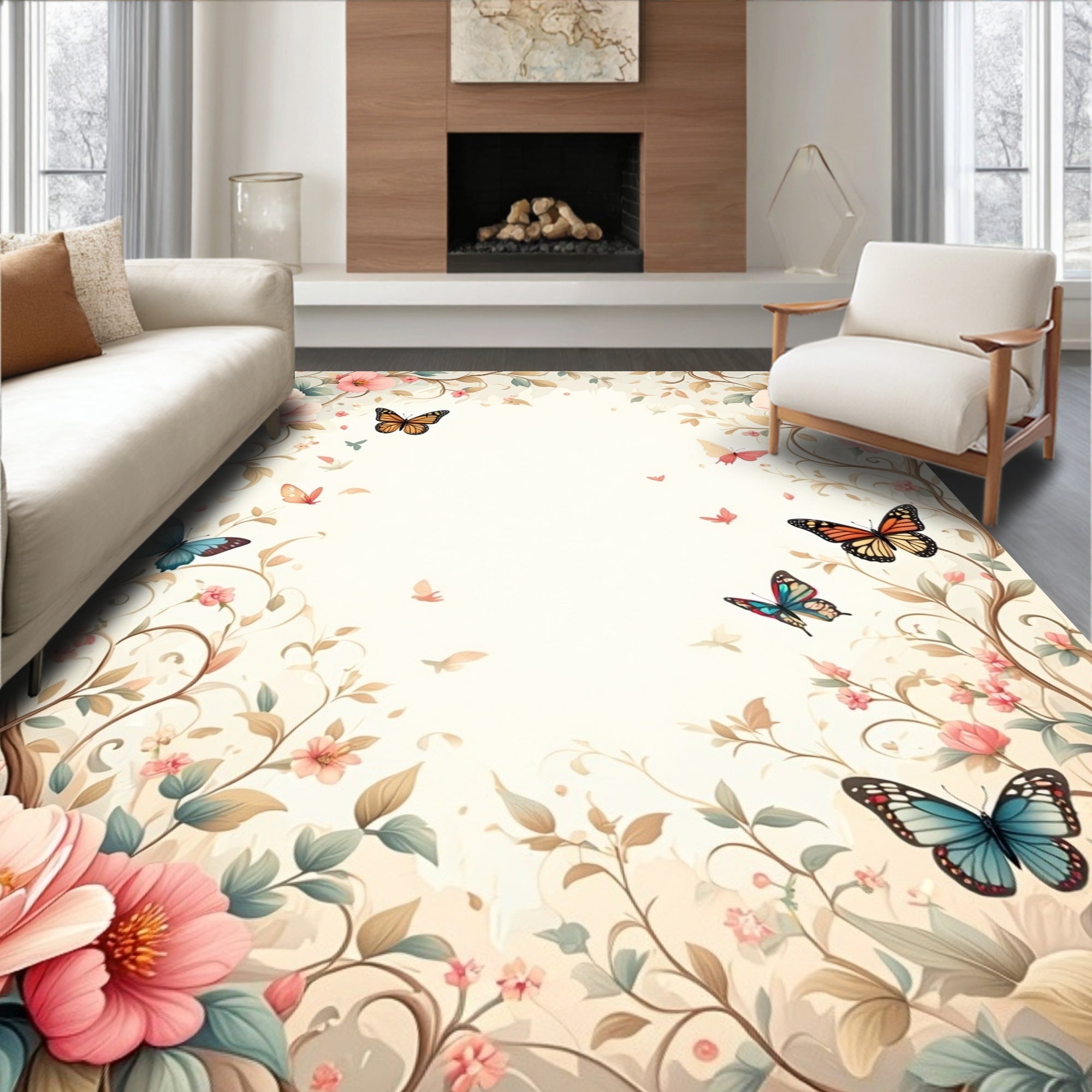 Delicate Floral Butterfly Garden Pattern Rug
