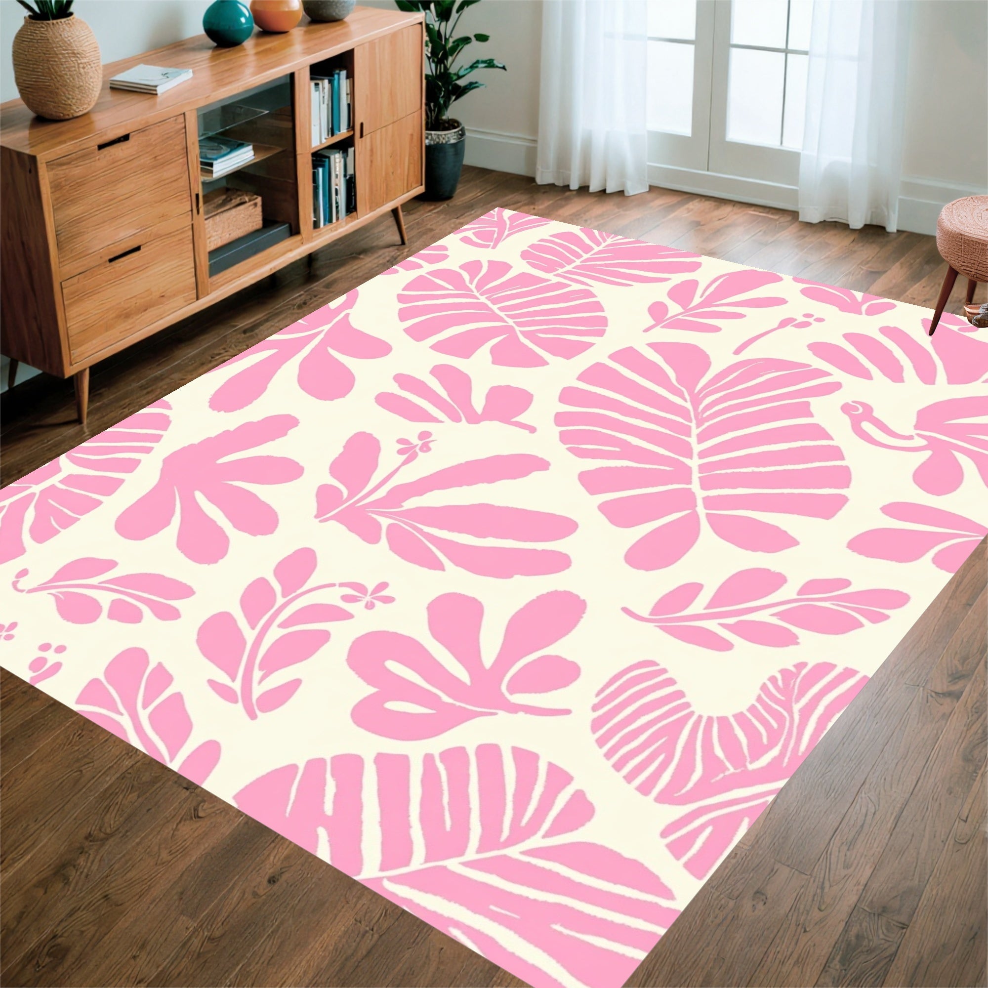 Pink Tropical Leaf Pattern Rug
