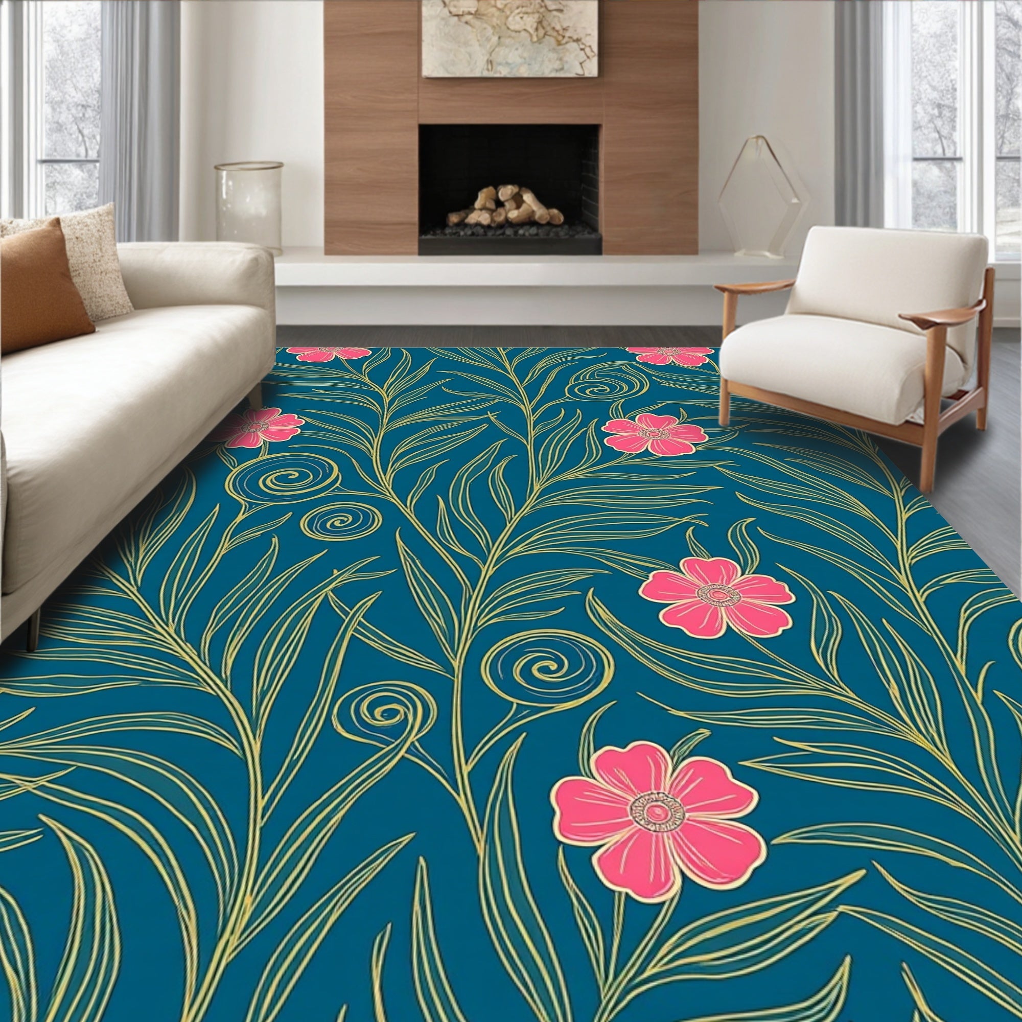 Vibrant Teal Floral Vines Pattern Rug