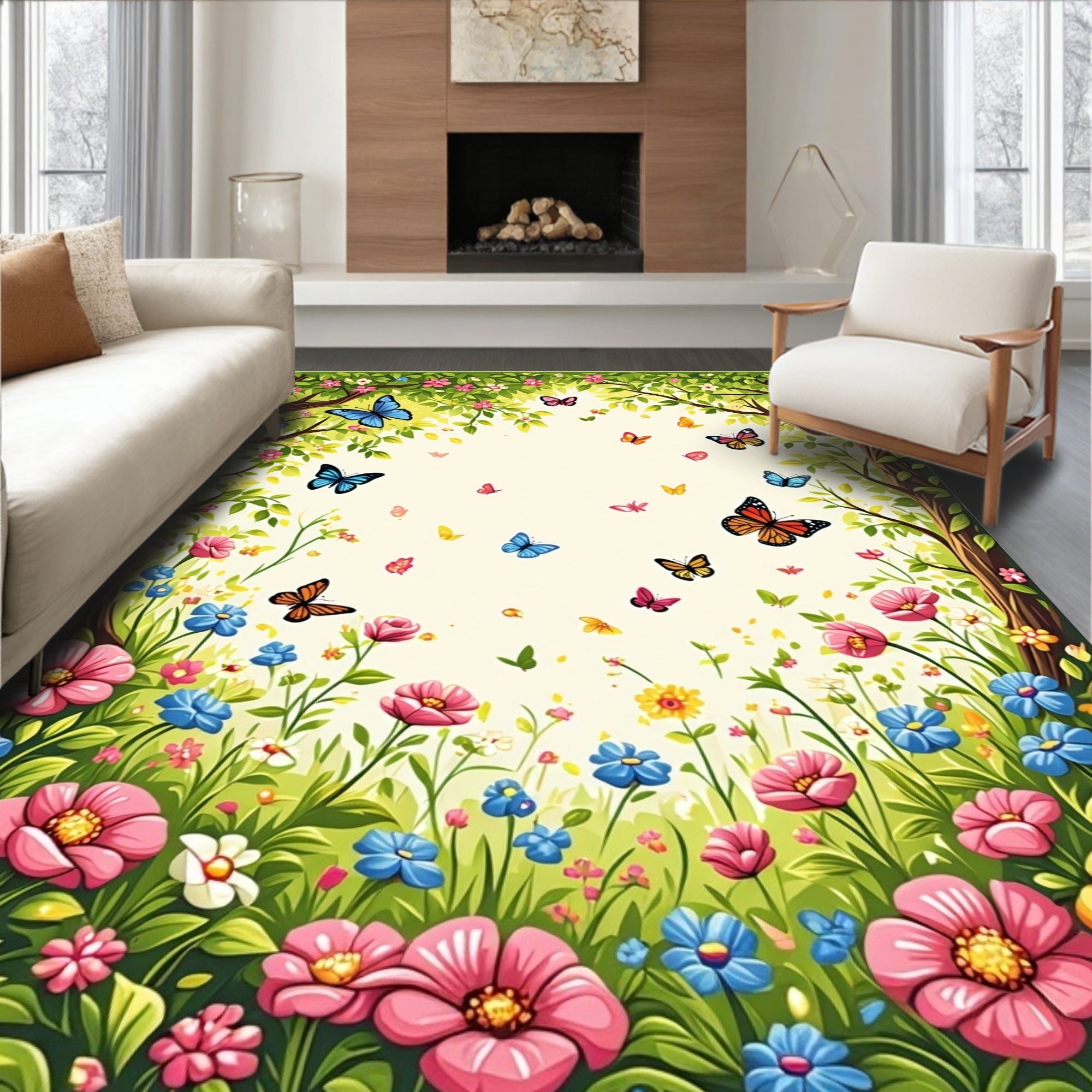 Floral Butterfly Meadow Design Rug