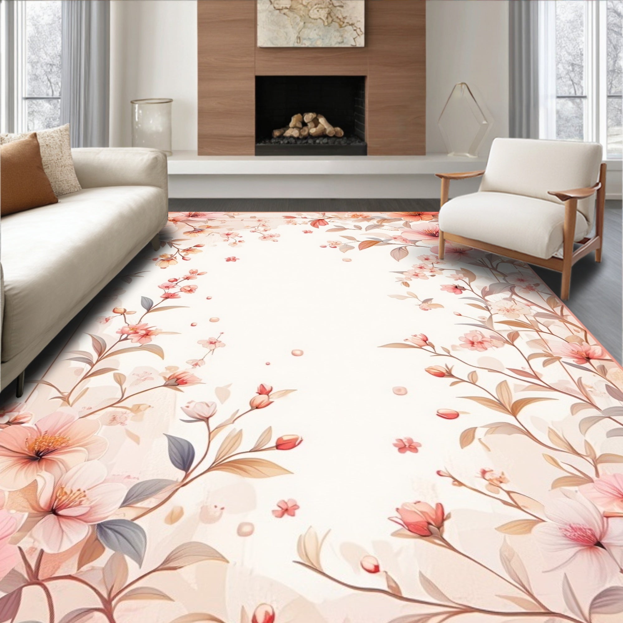 Delicate Pink Floral Patterned Art Rug