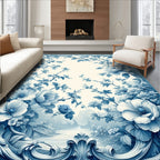 Elegant Blue Floral Scroll Design Rug