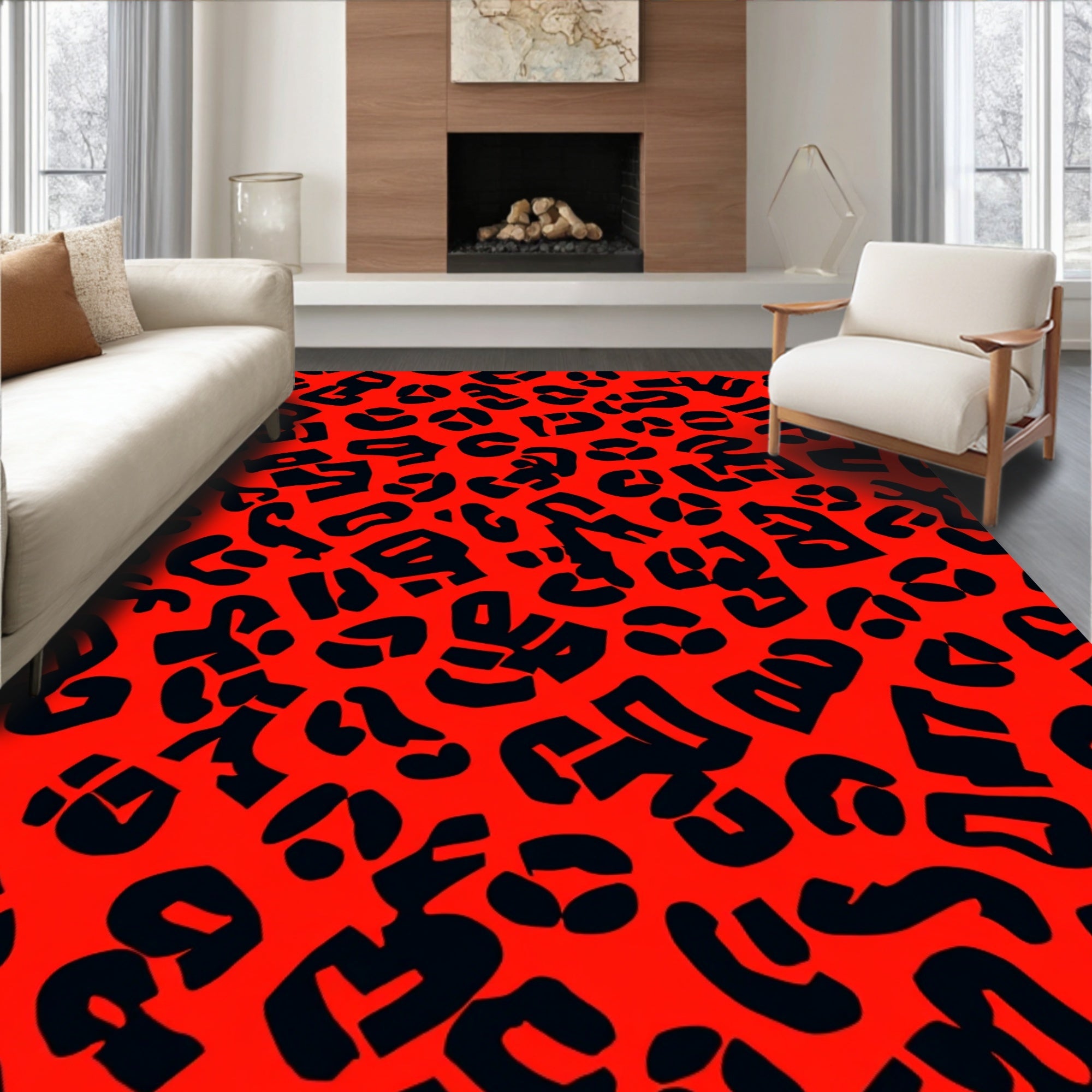 Bold Red Black Animal Print Design Rug