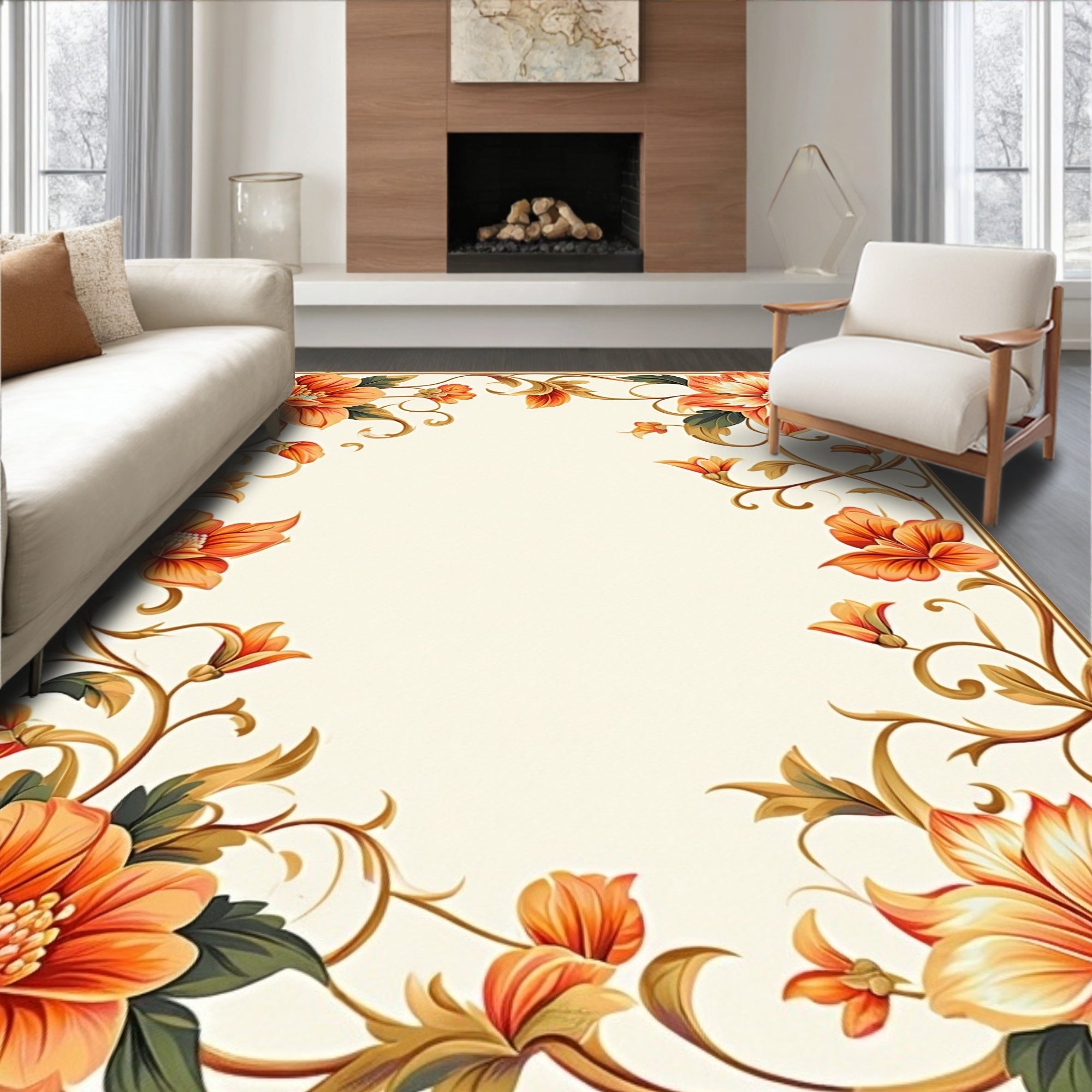 Vibrant Orange Floral Vine Pattern Rug
